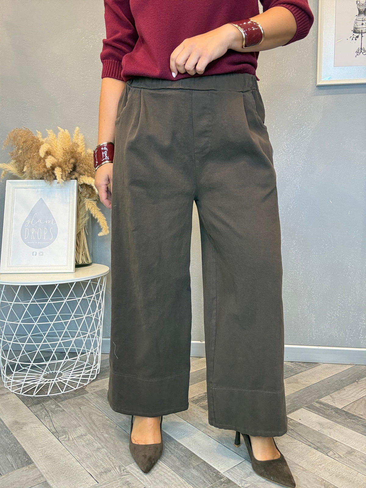 Pantalone wide leg crop cotton moro