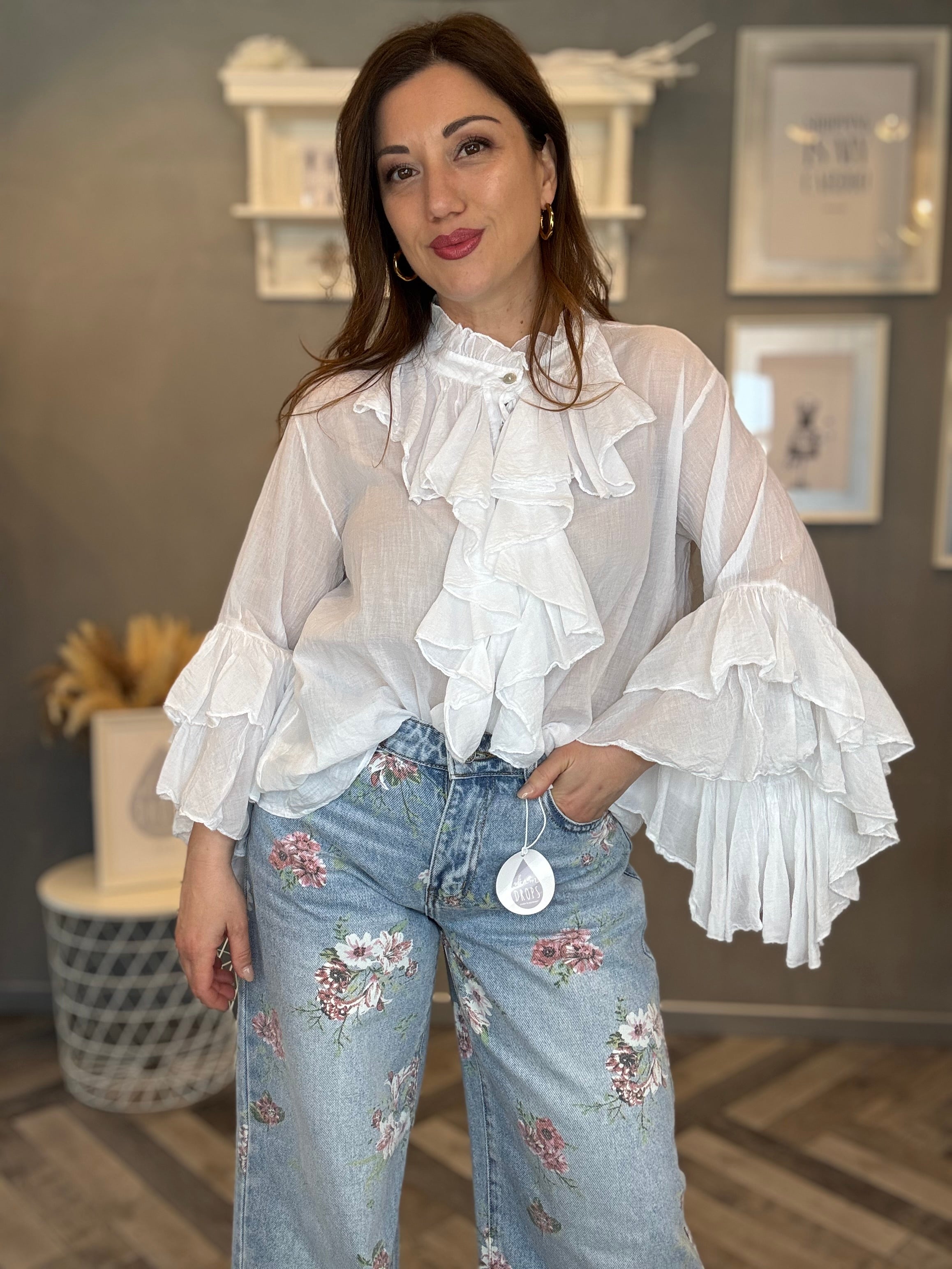 Blusa camicia volant bianca