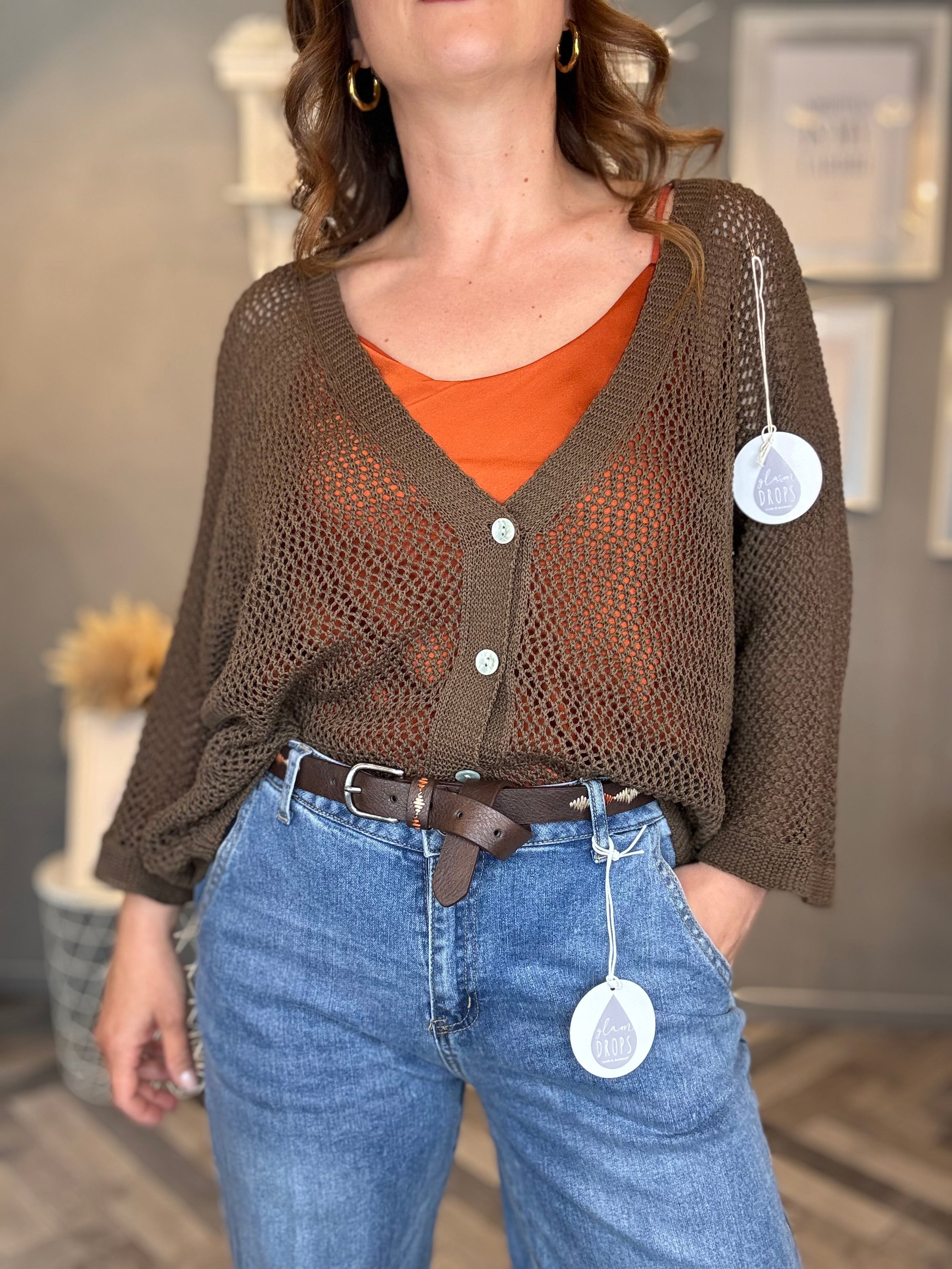 Cardigan traforato in cotone cioccolato