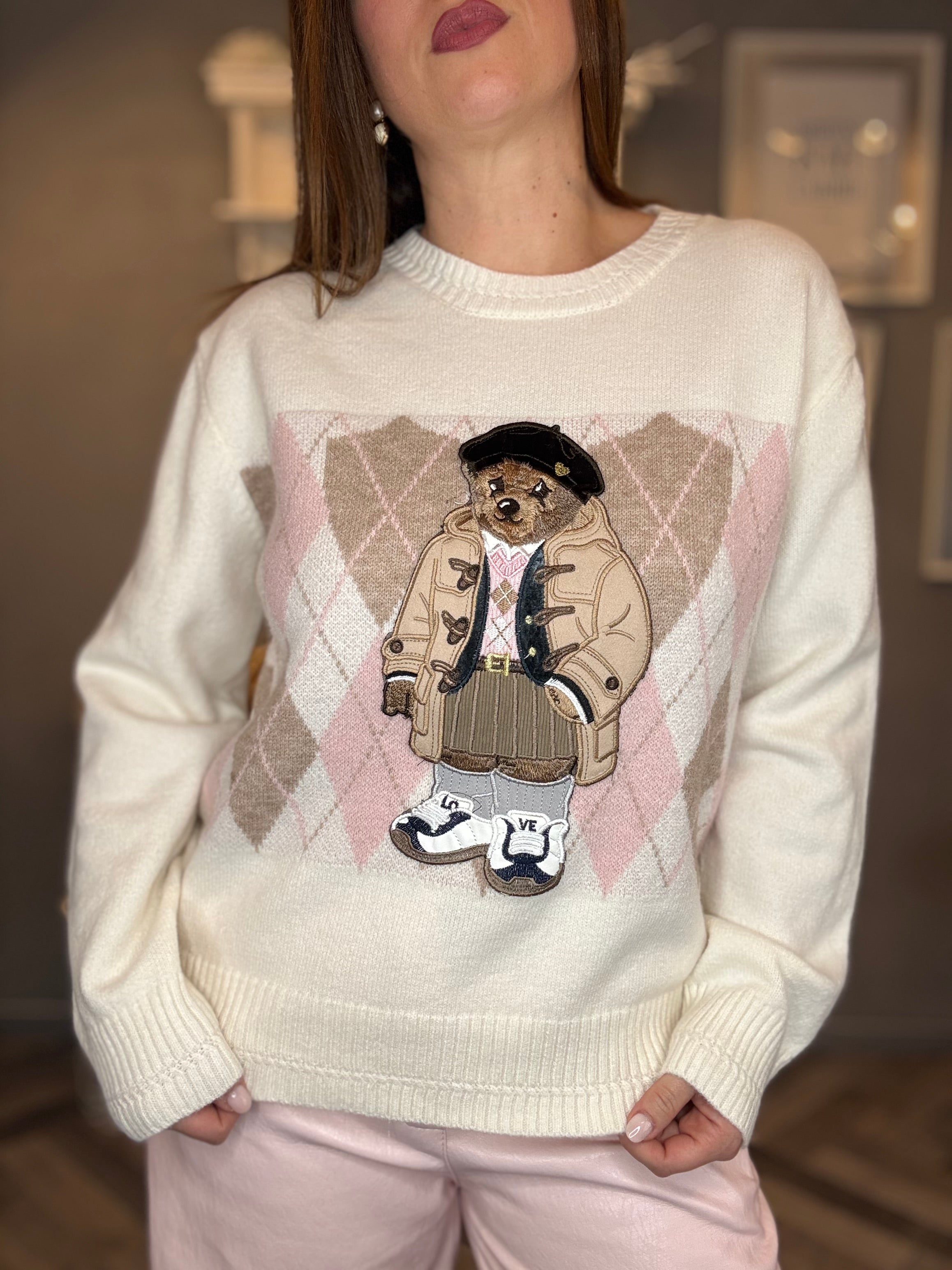 Maglione Teddy rombi rosa e beige