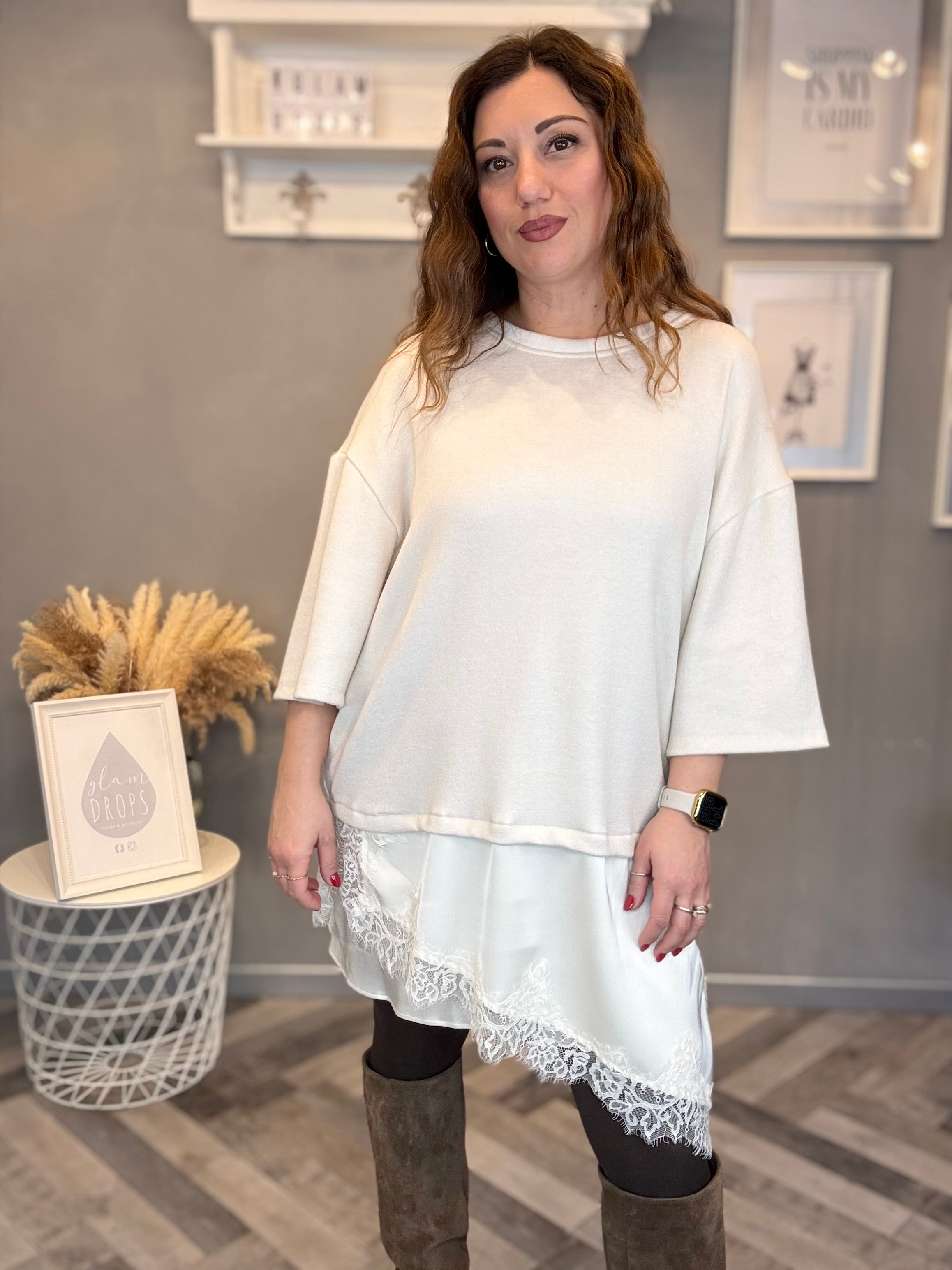 Maxi Maglia con satin e pizzo panna