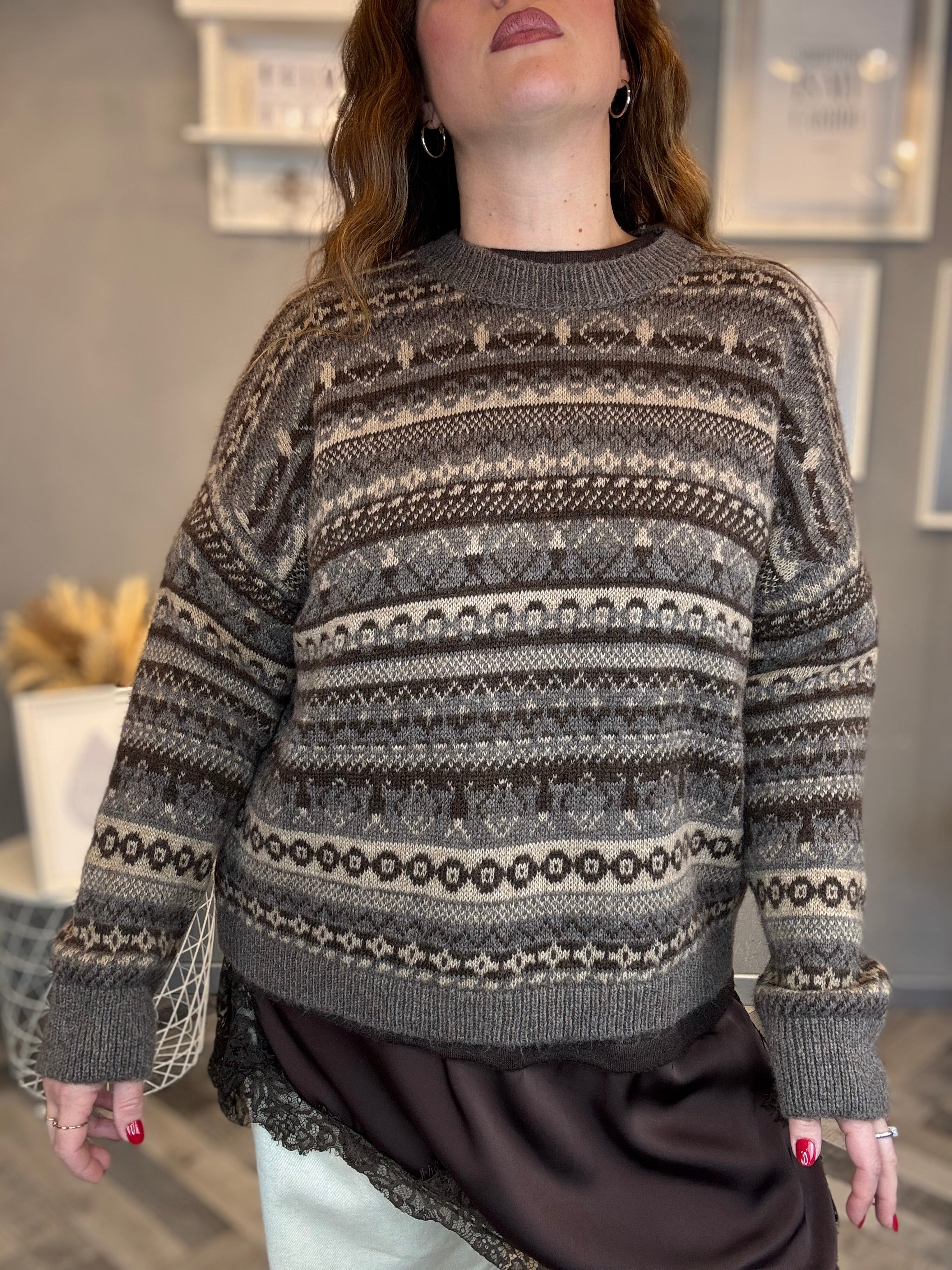 Maglione Jacquard fango