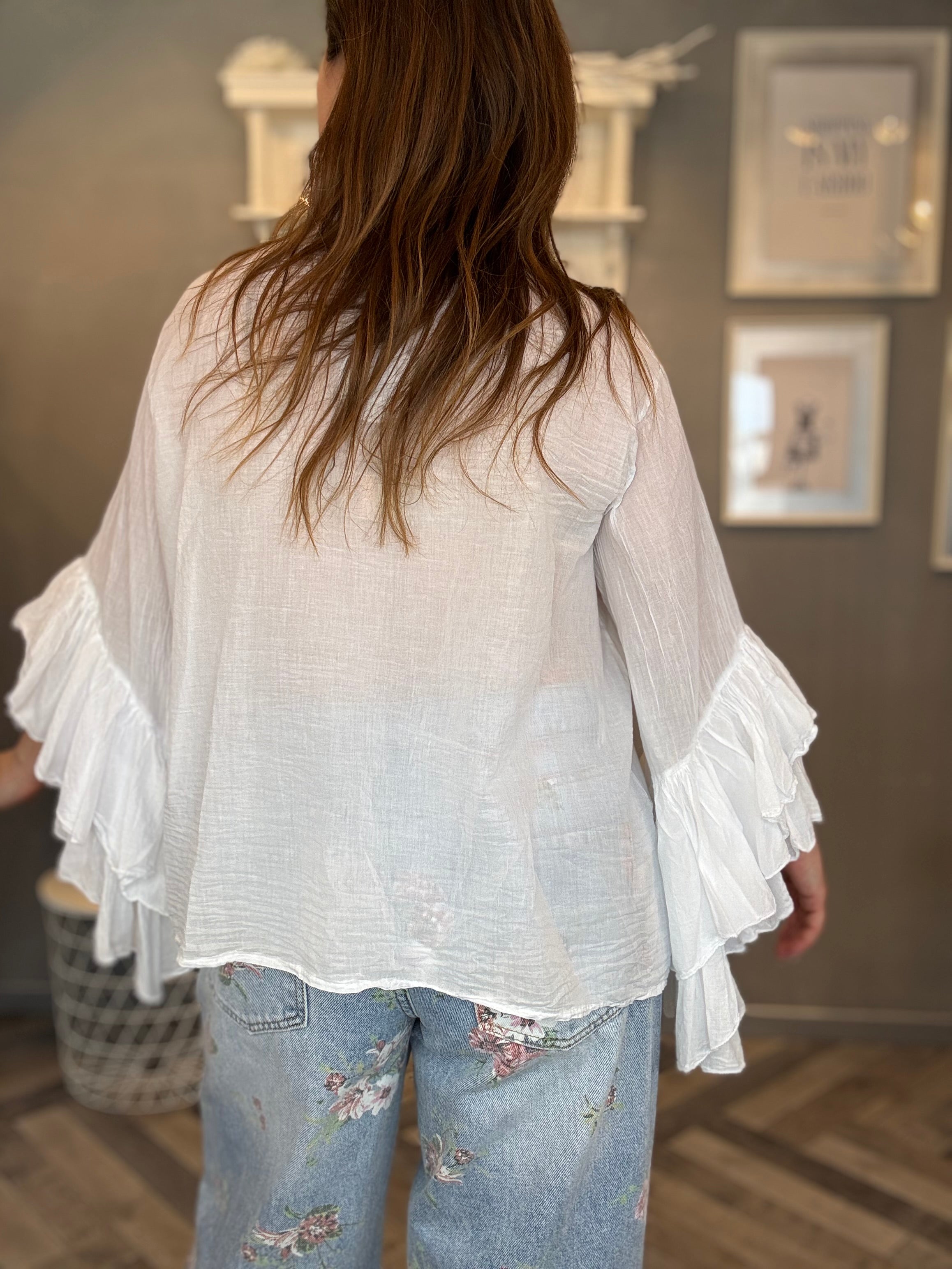 Blusa camicia volant bianca