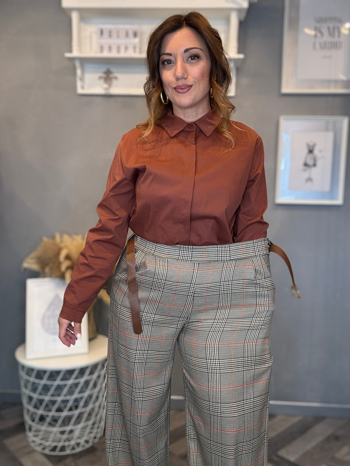 Pantalone palazzo check principe di Galles ruggine