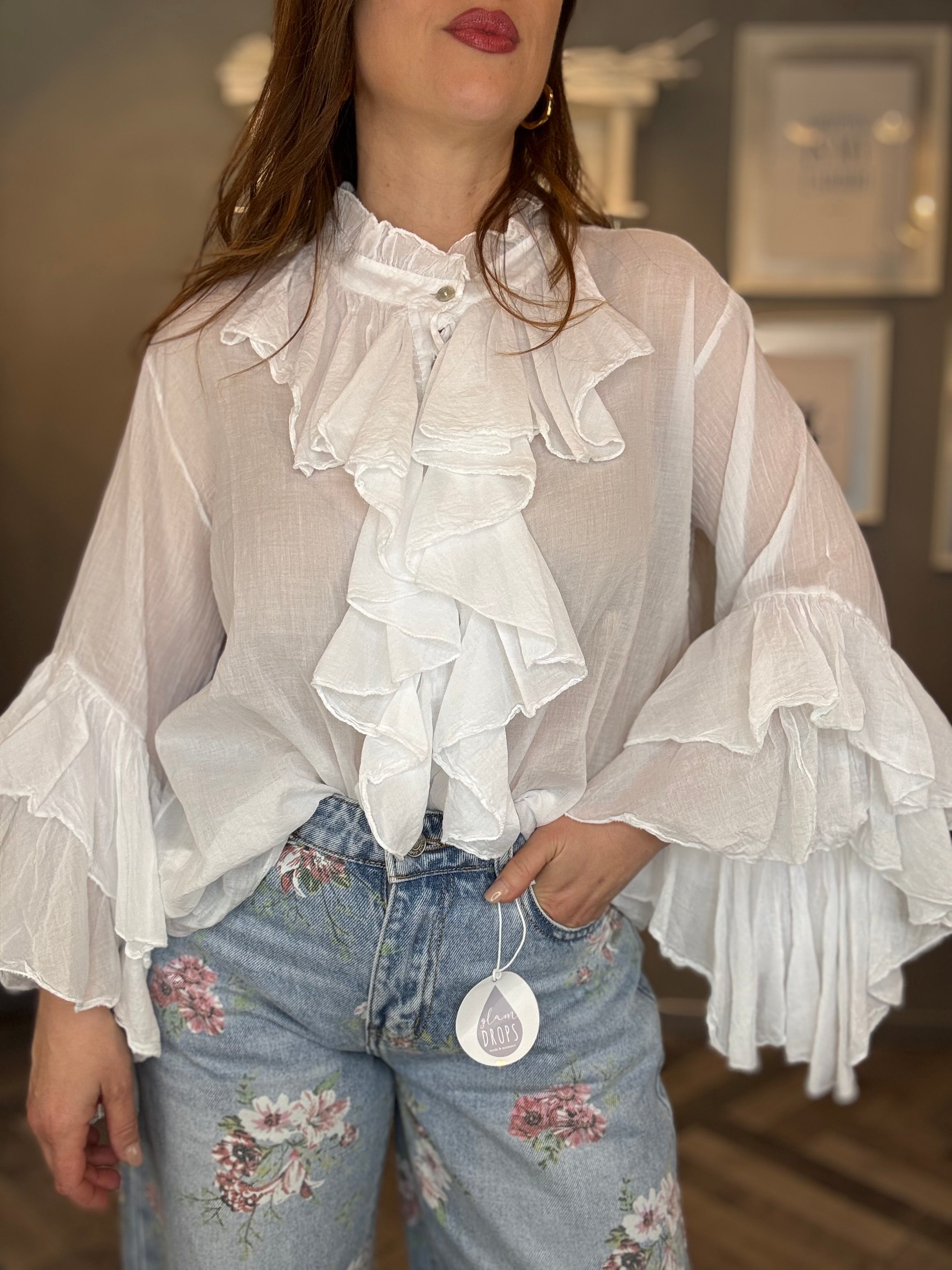 Blusa camicia volant bianca