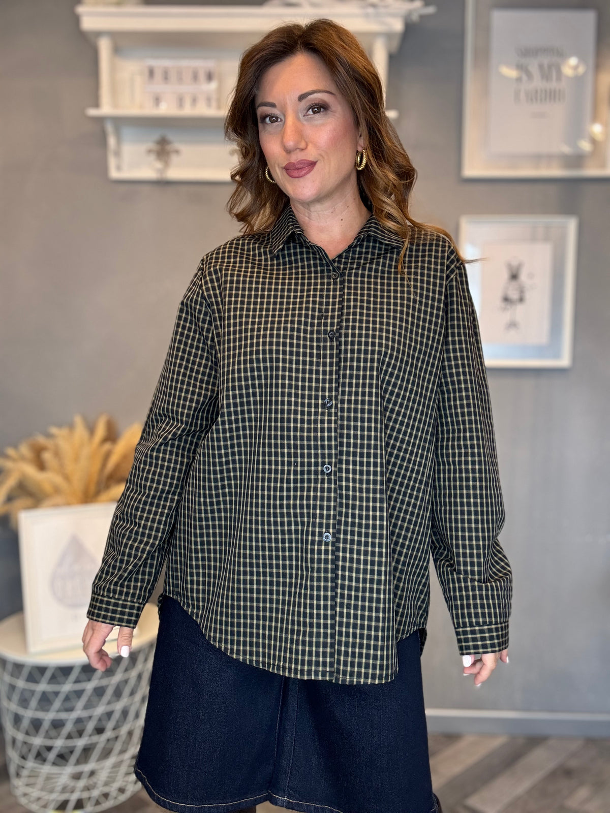 Camicia micro check blu e camel