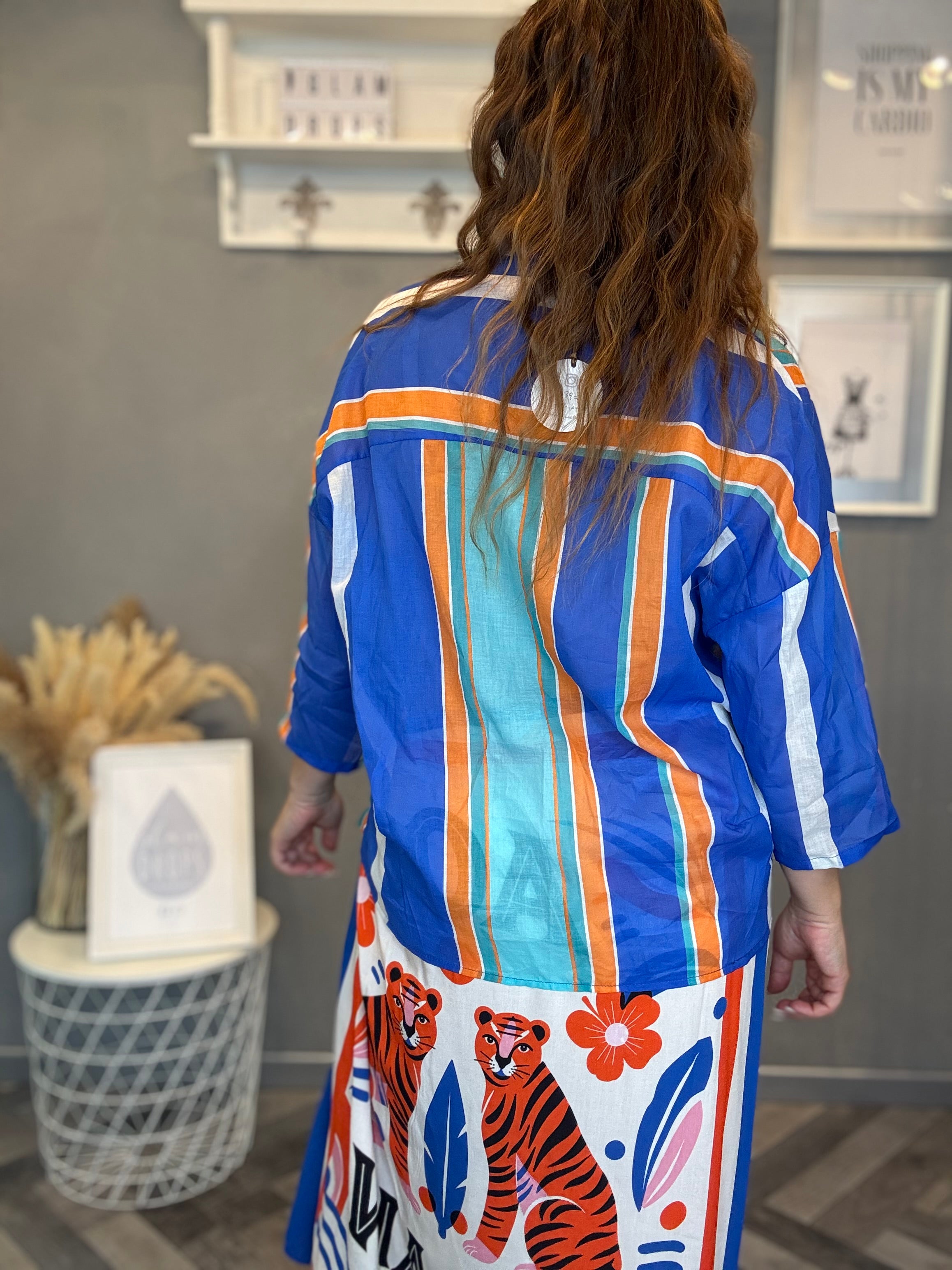Camicia Isla Bonita coreana multiriga blu, turchese e arancio