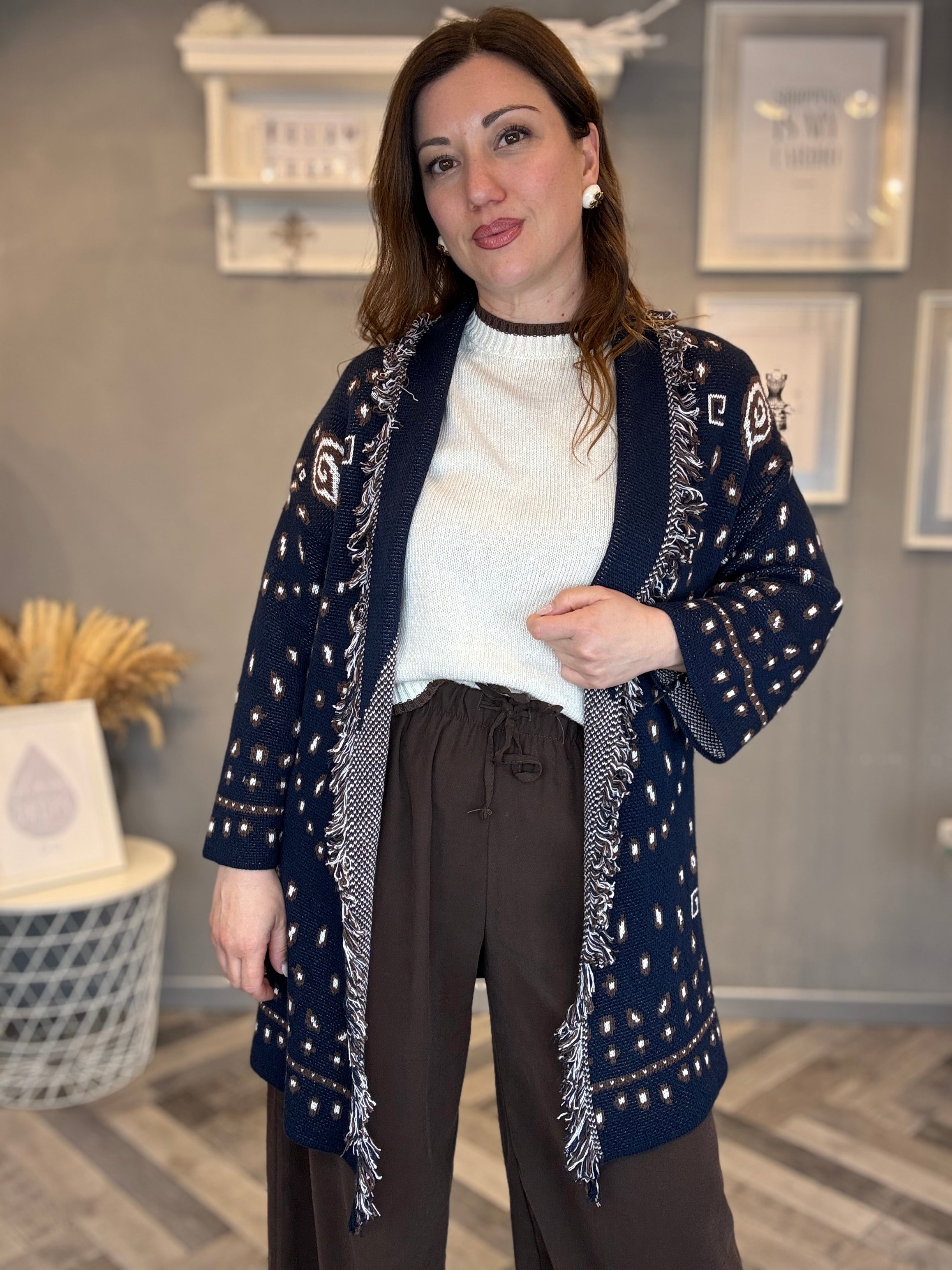 Cardigan jacquard blu con frange