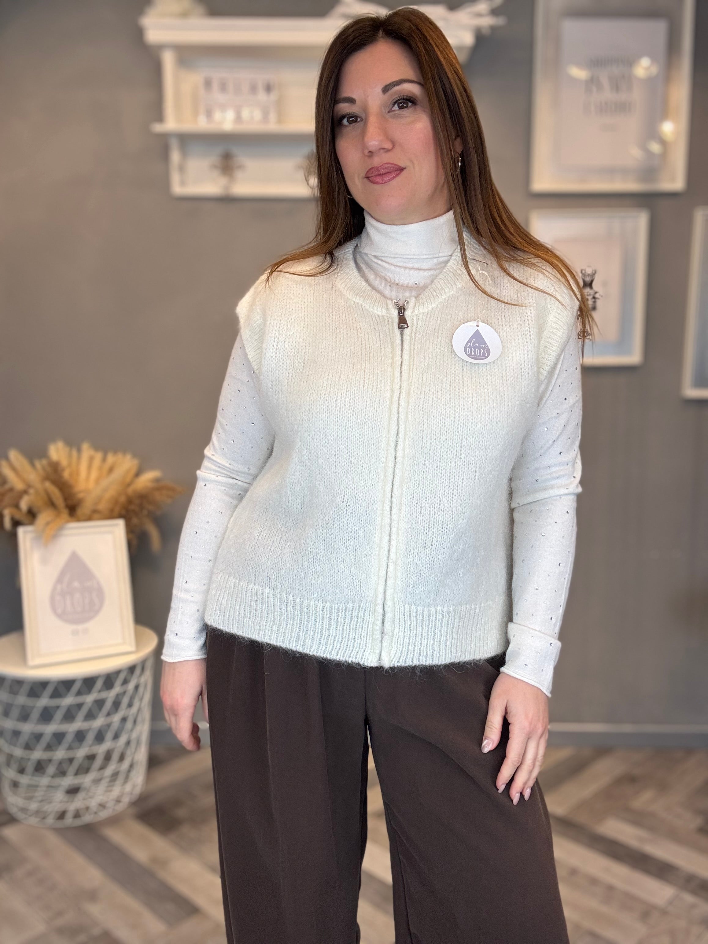 Gilet in maglia con zip panna