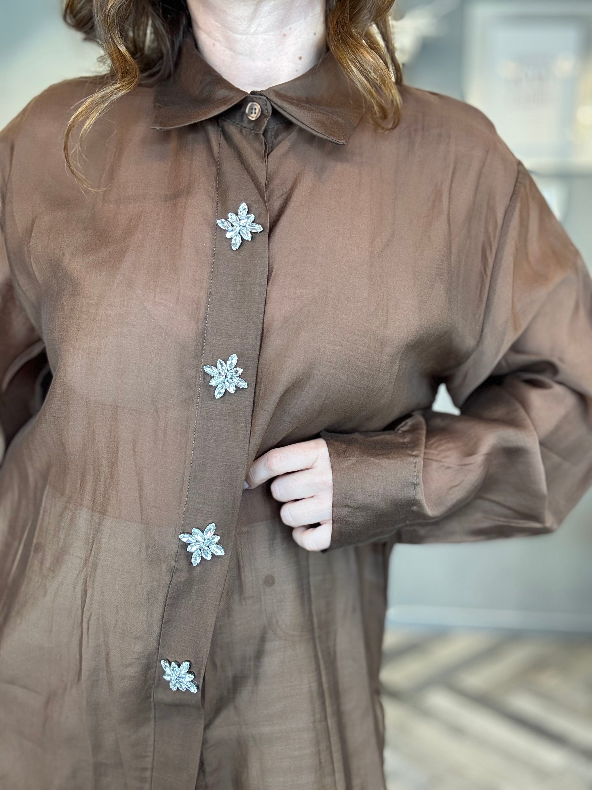Camicia gioiello in tencel cioccolato