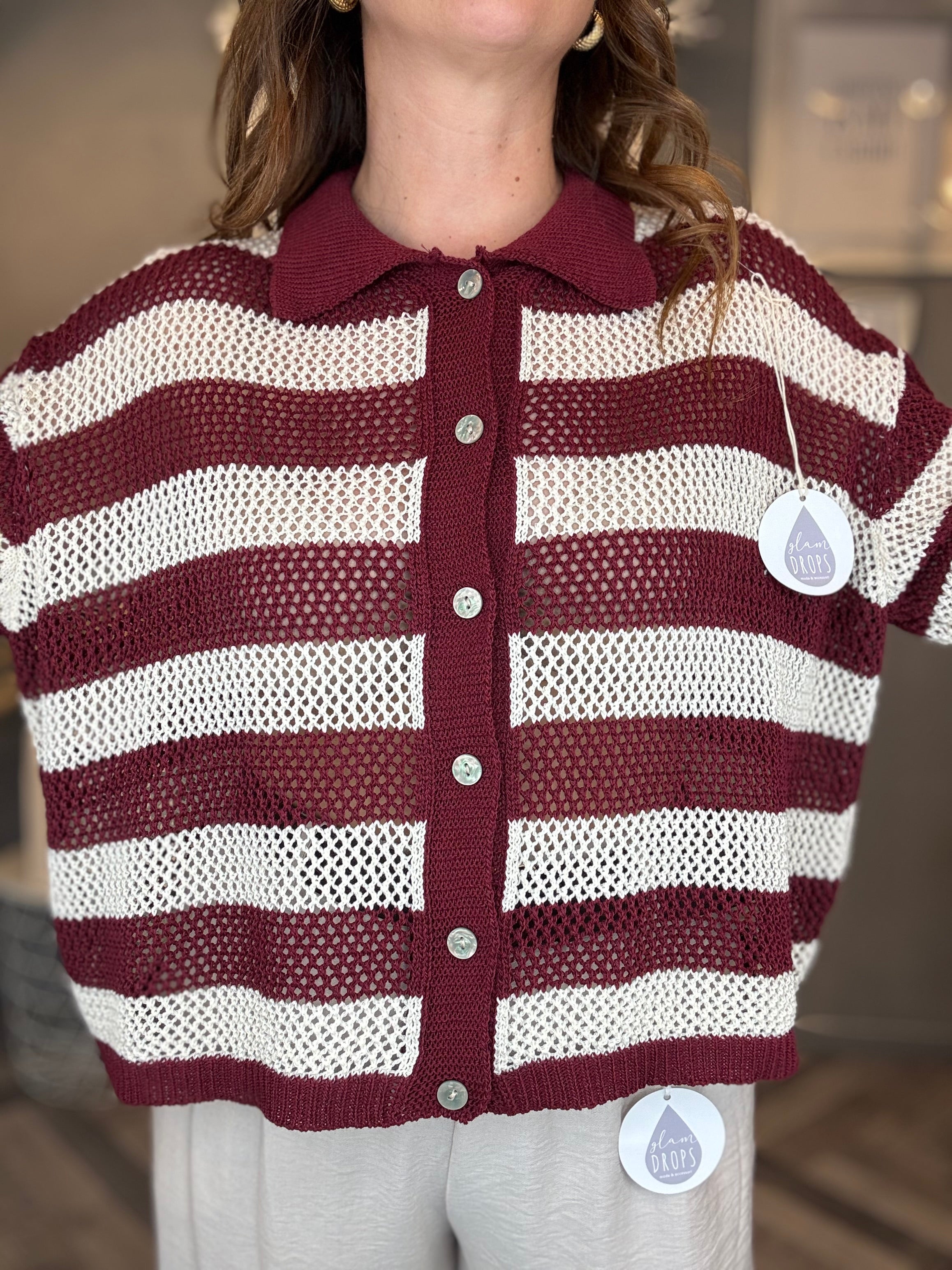 Polo traforata righe bordeaux