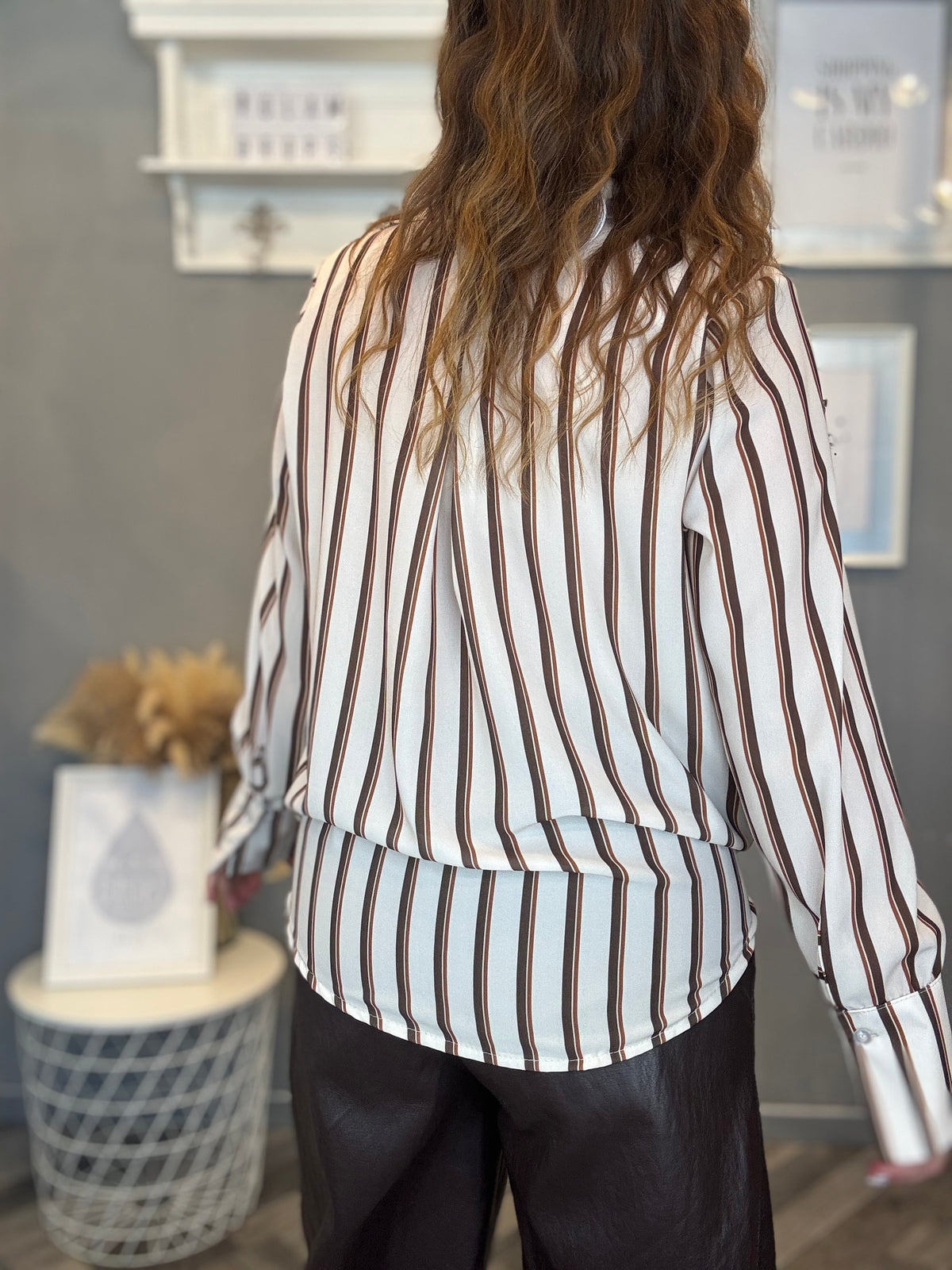 Blusa a incrocio burro righe moro e cuoio