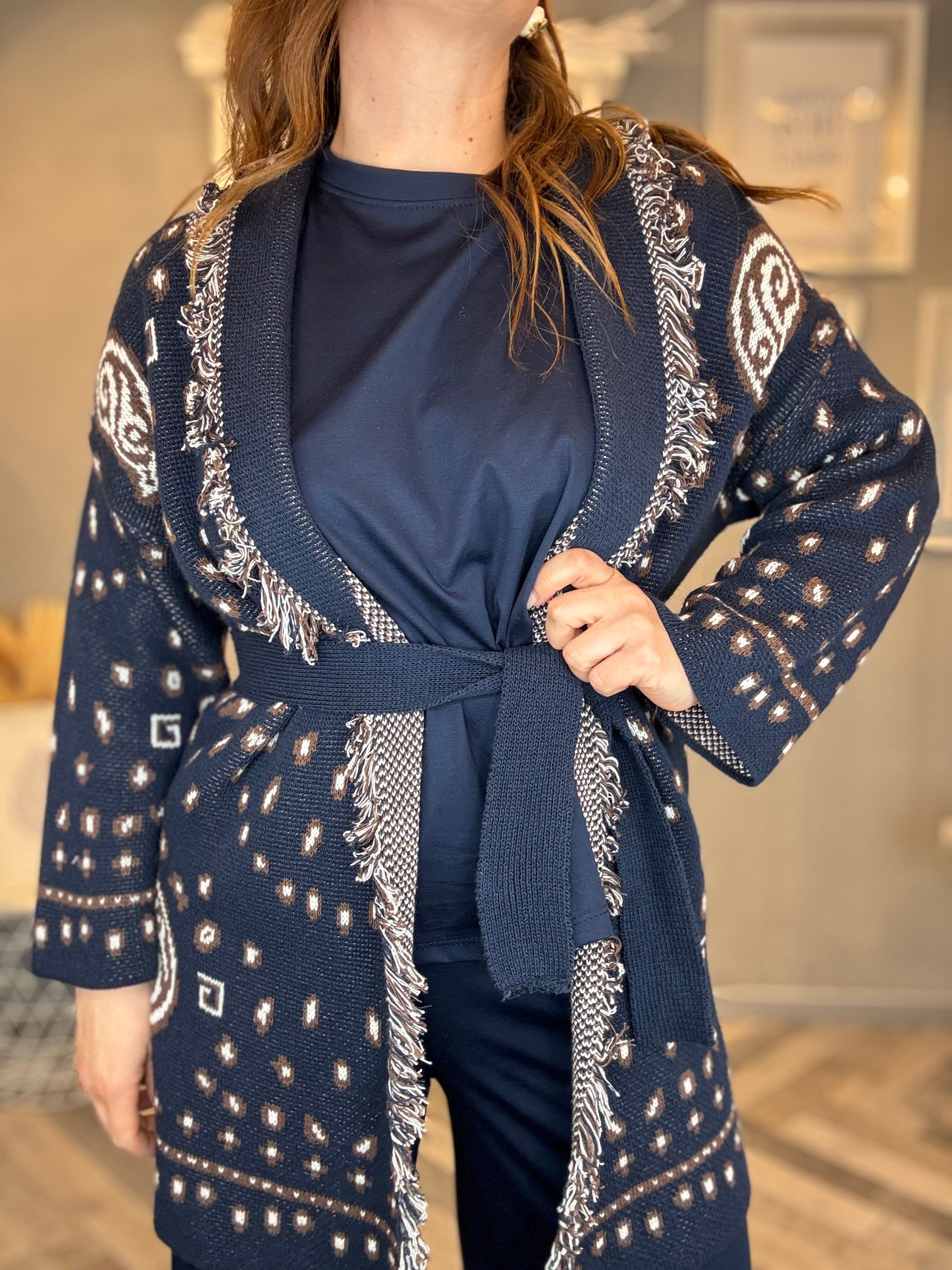 Cardigan jacquard blu con frange