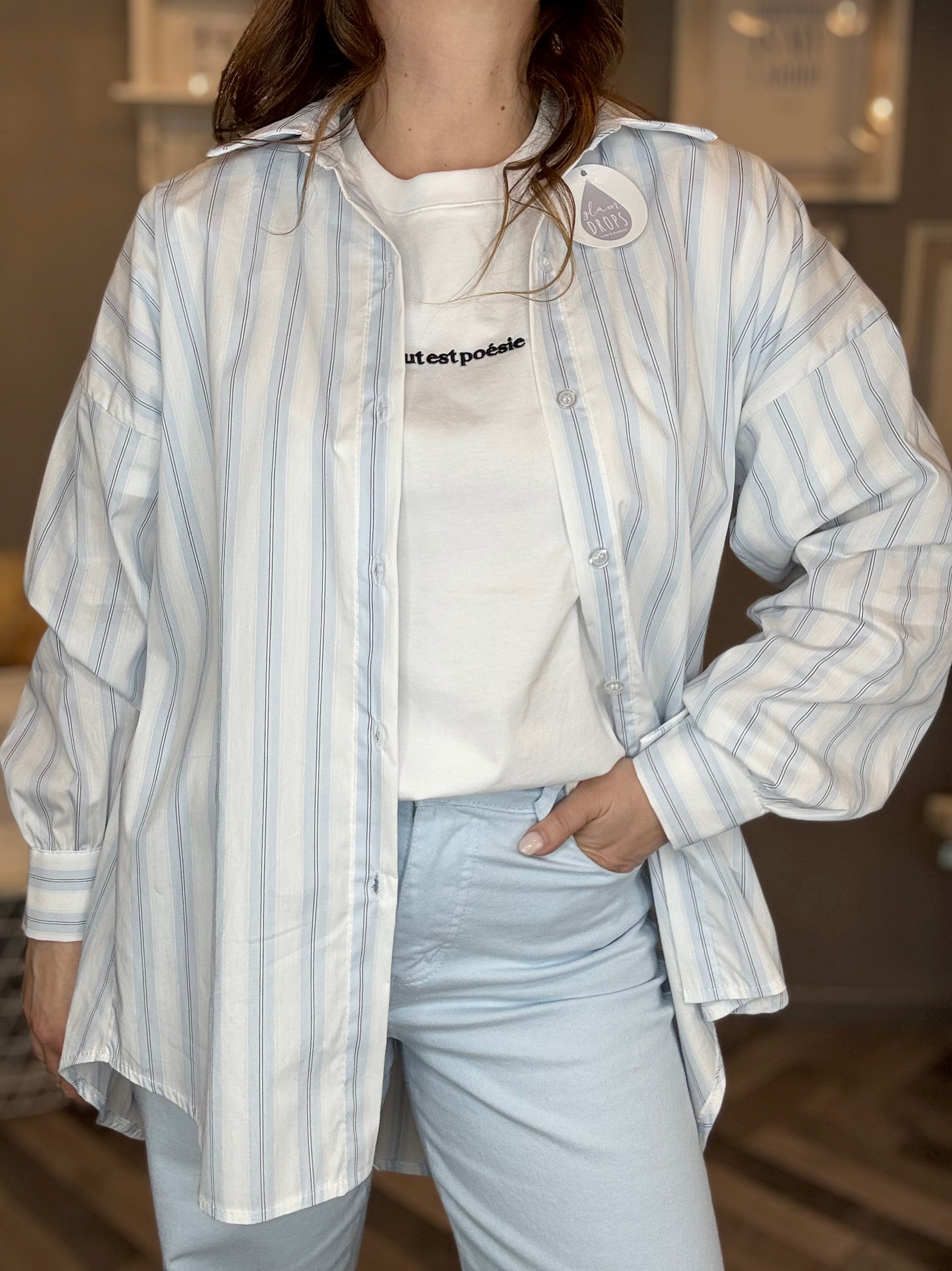 Camicia over righe soft celeste pastello