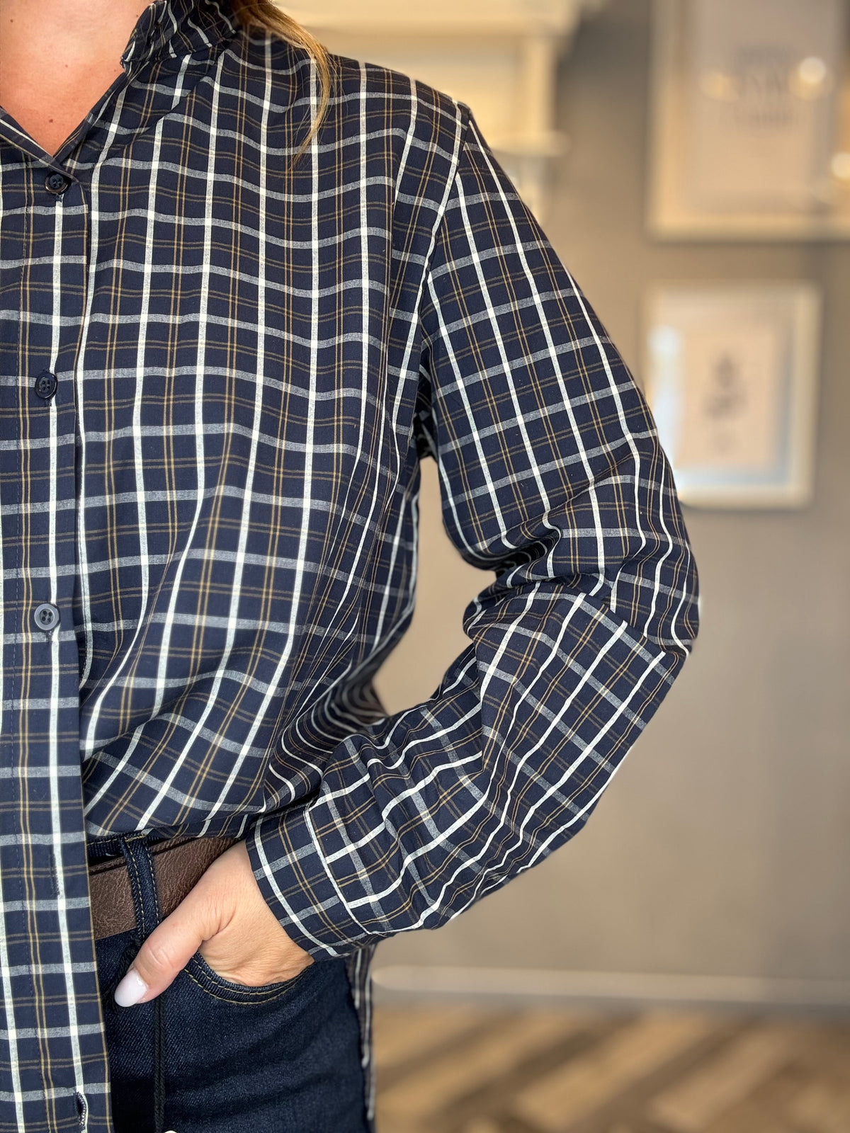 Camicia macro check blu e panna