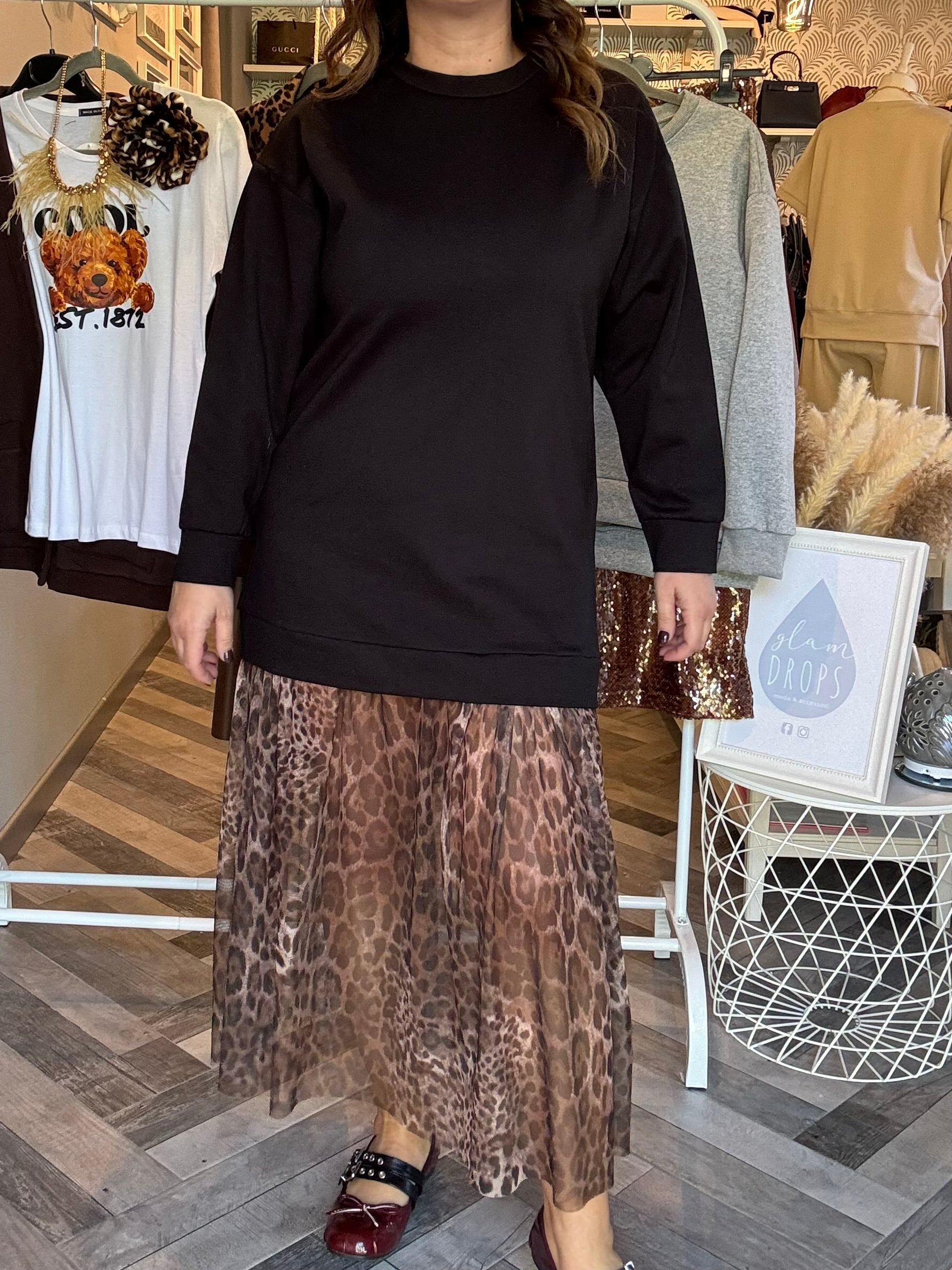 Abito felpa con tulle leopardato
