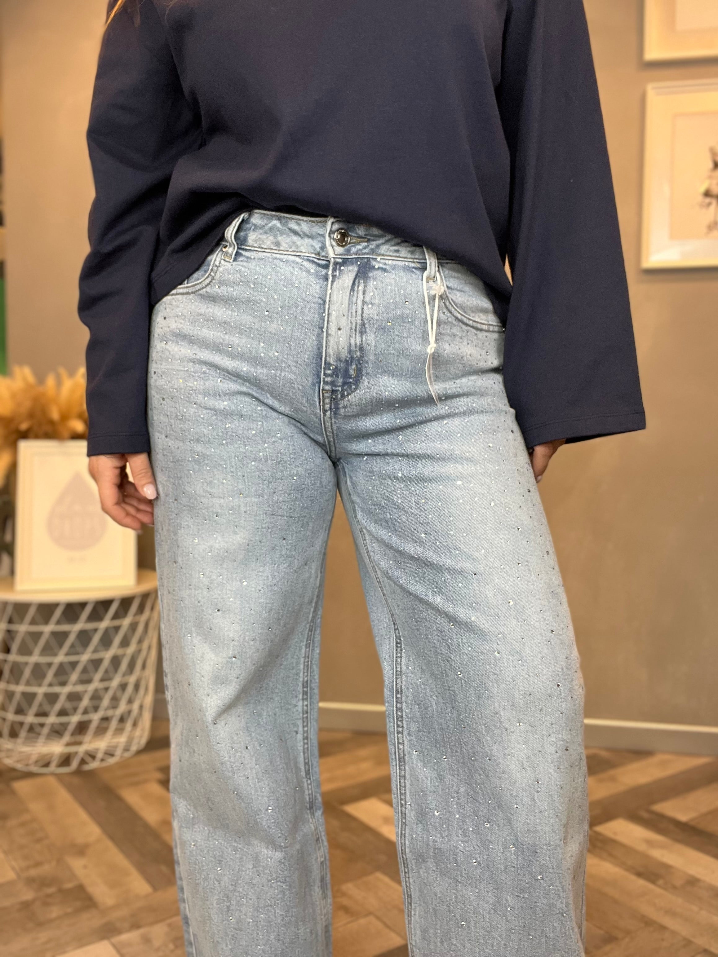 Jeans wide leg con strass