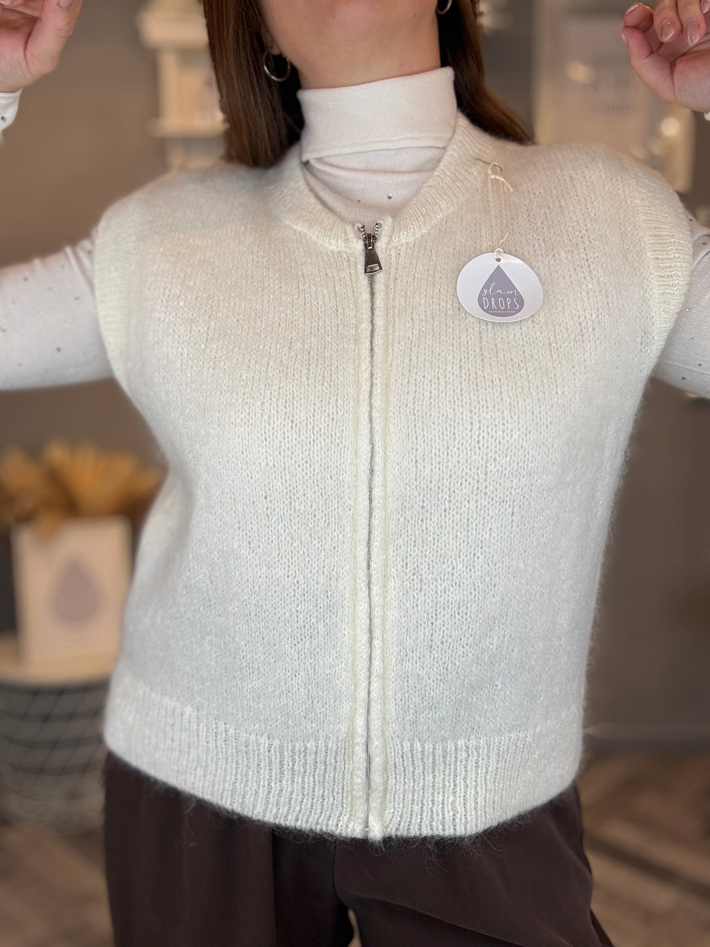 Gilet in maglia con zip panna