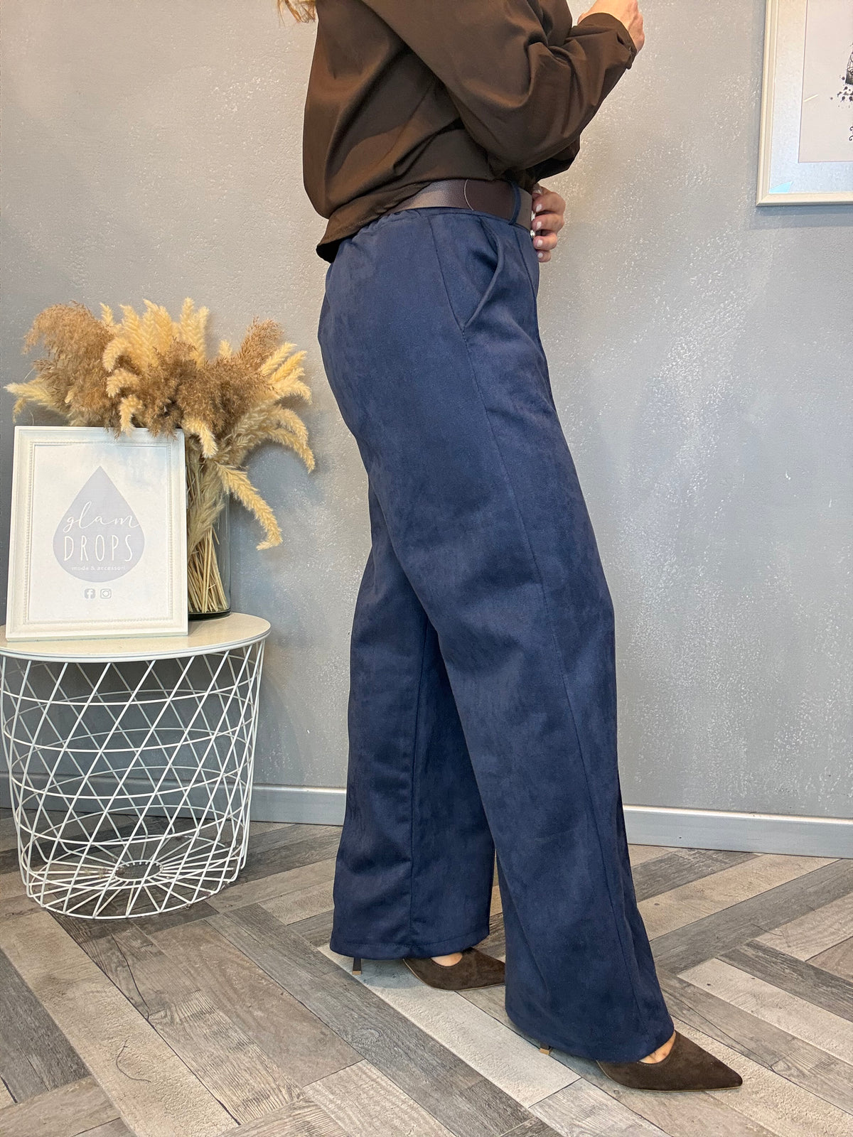 Pantalone Icon ecosuede blu con cintura