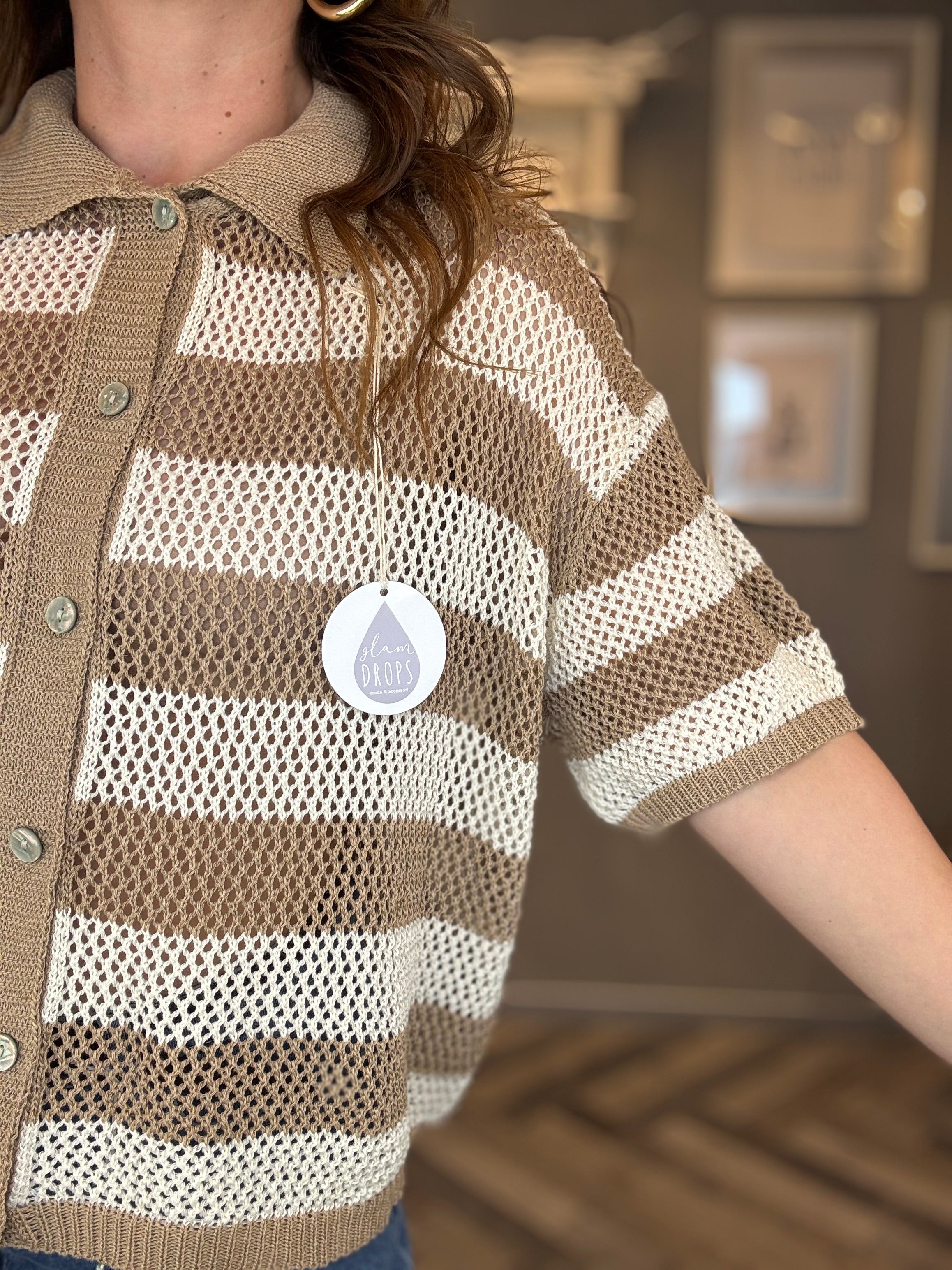 Polo traforata righe beige