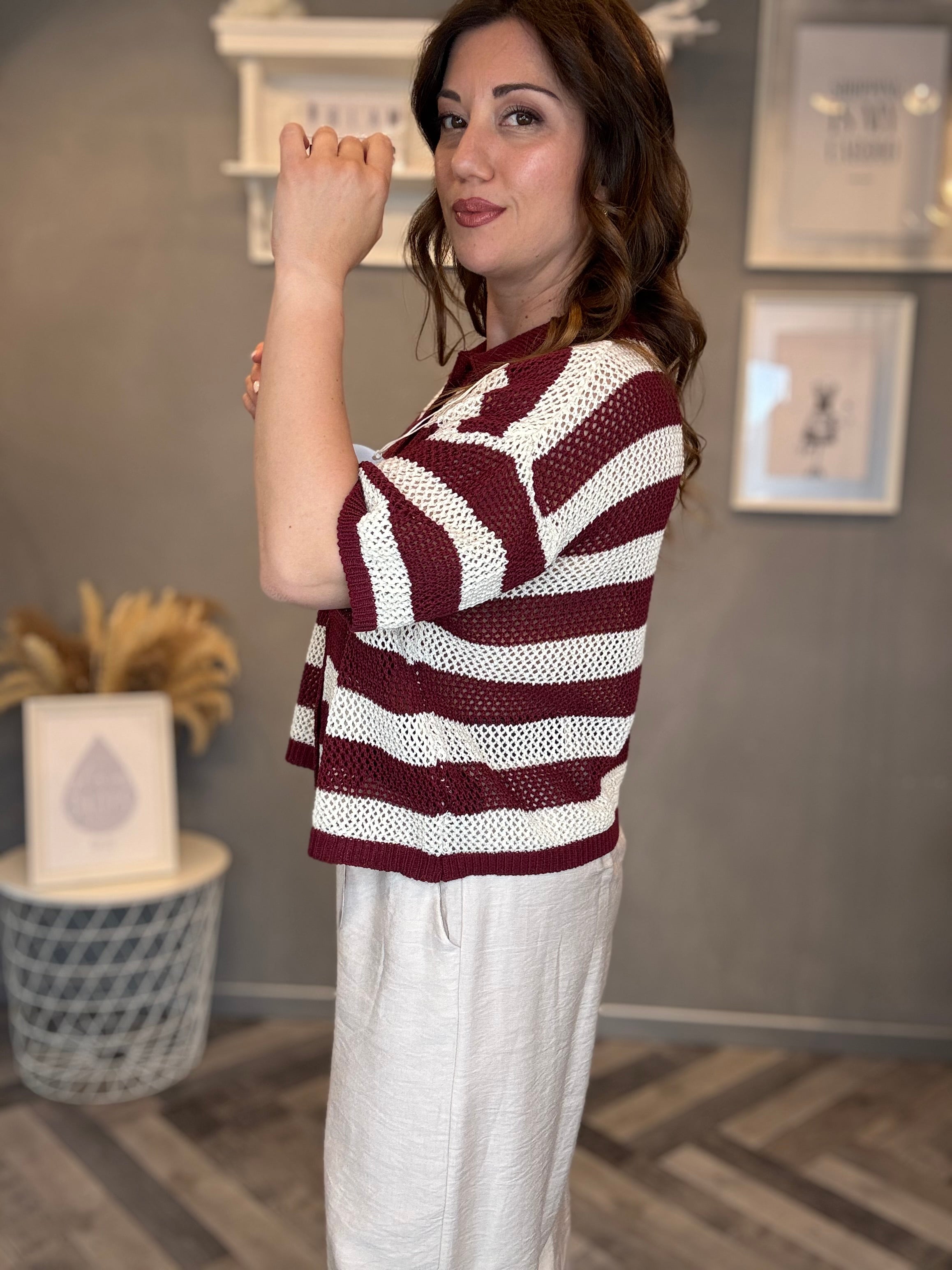 Polo traforata righe bordeaux