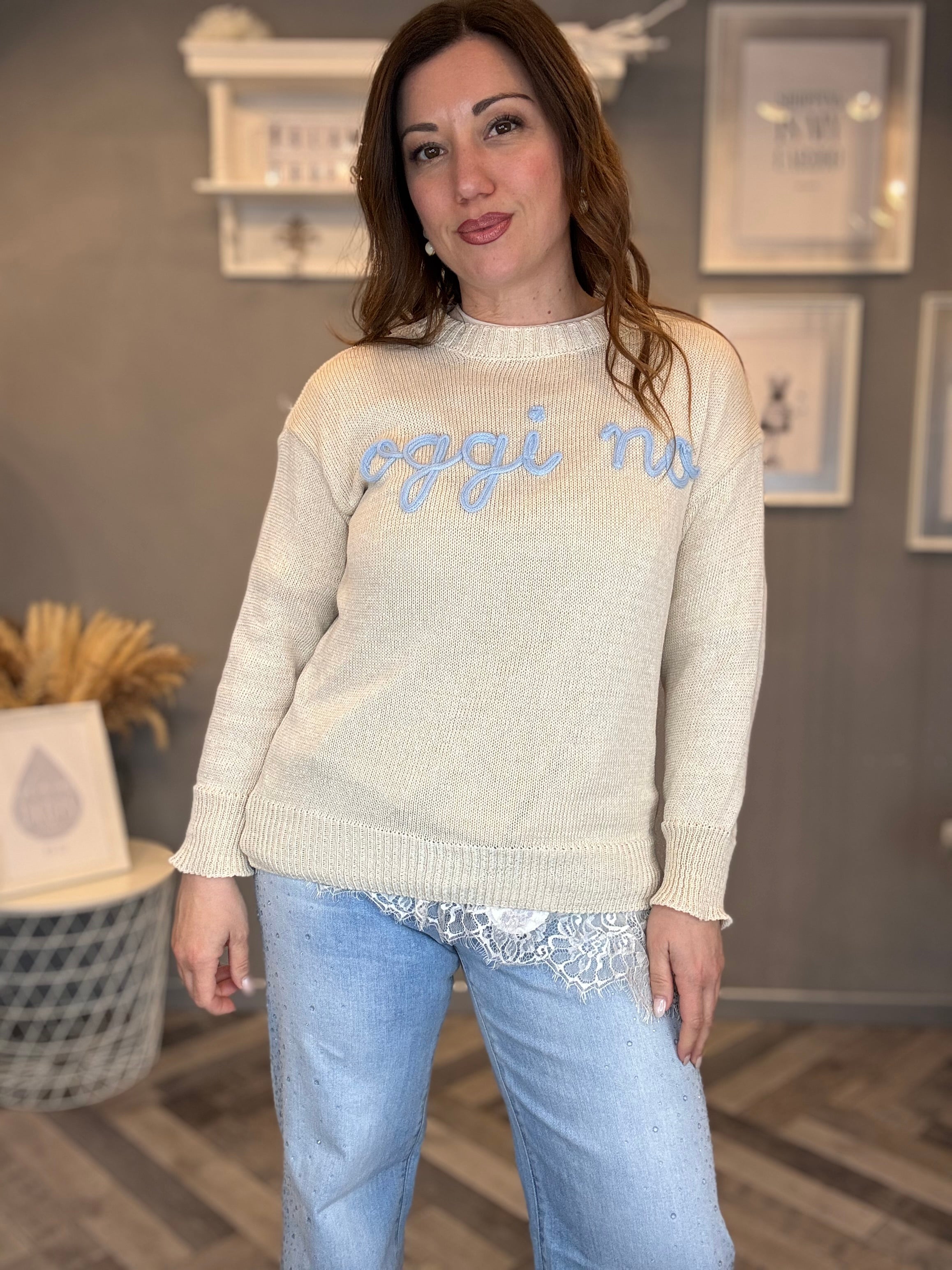 T-shirt beige over con pizzo
