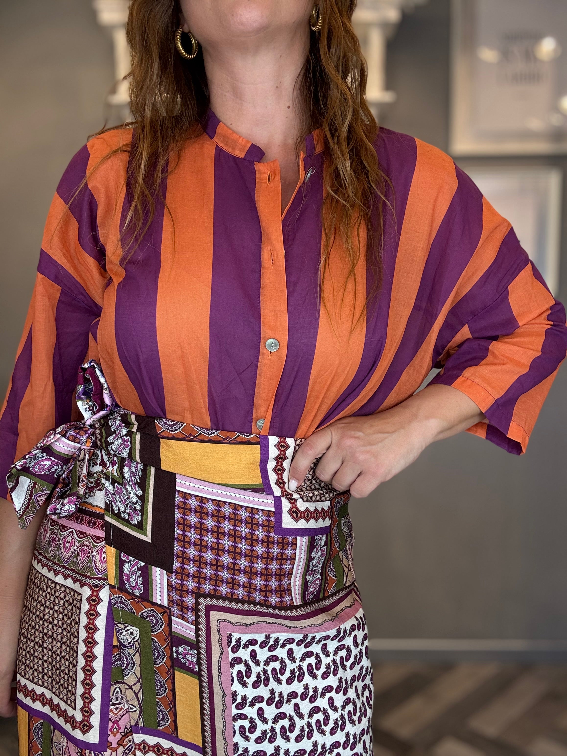 Camicia Isla Bonita coreana bande viola e arancio