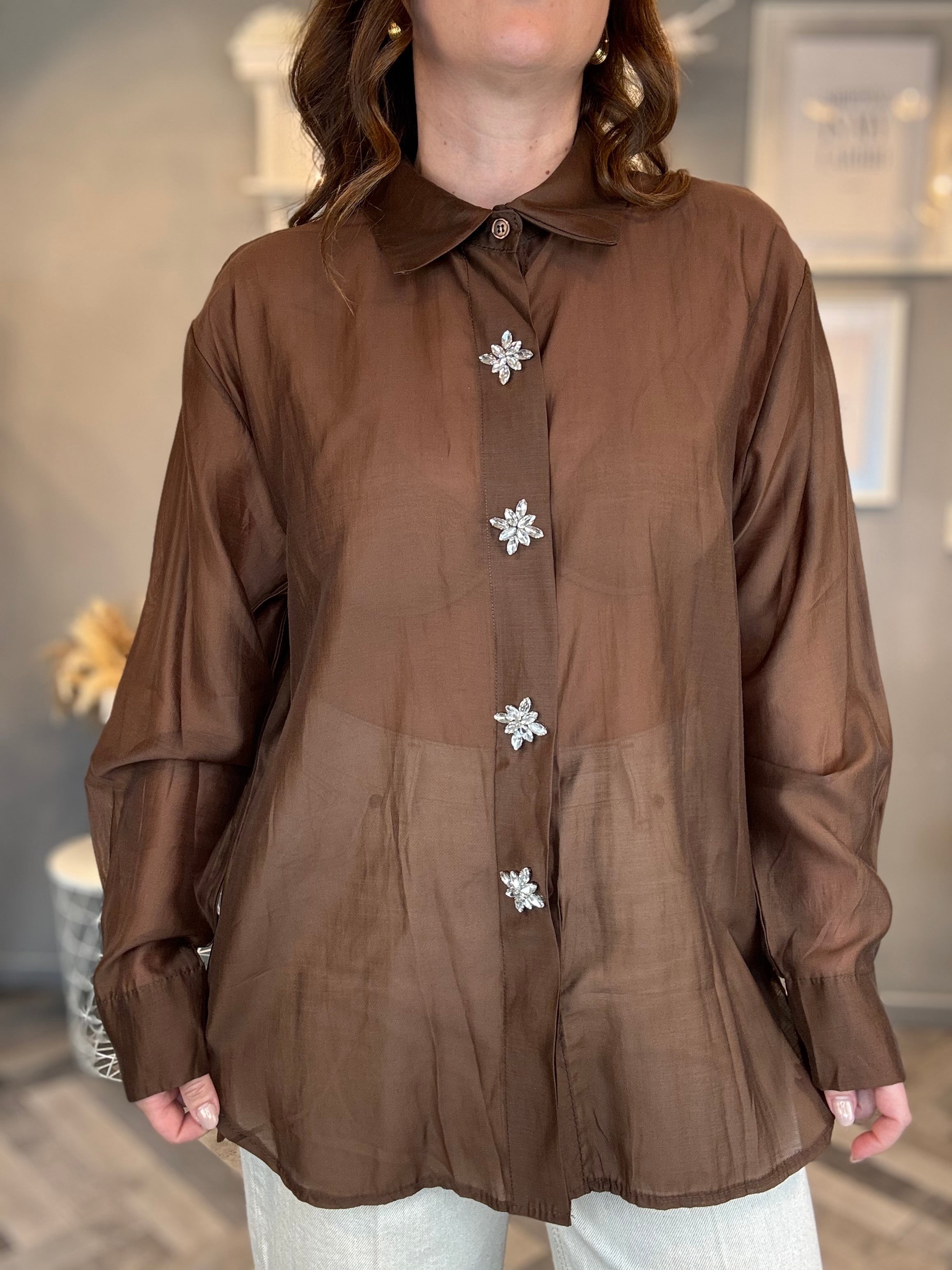Camicia gioiello in tencel cioccolato
