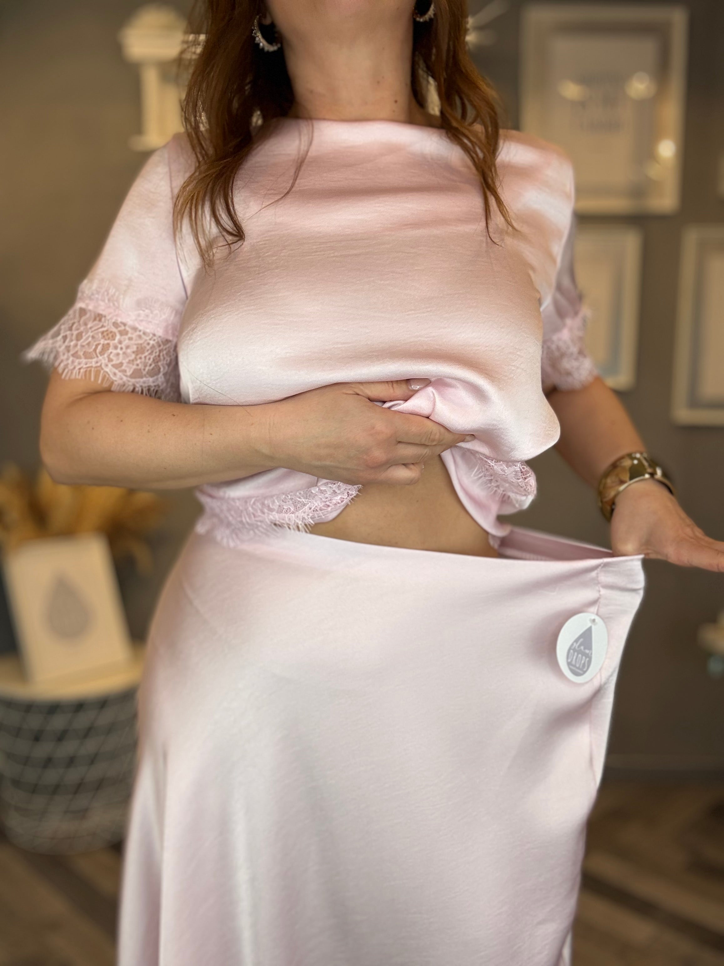 Gonna satin lunga Lety rosa pastello
