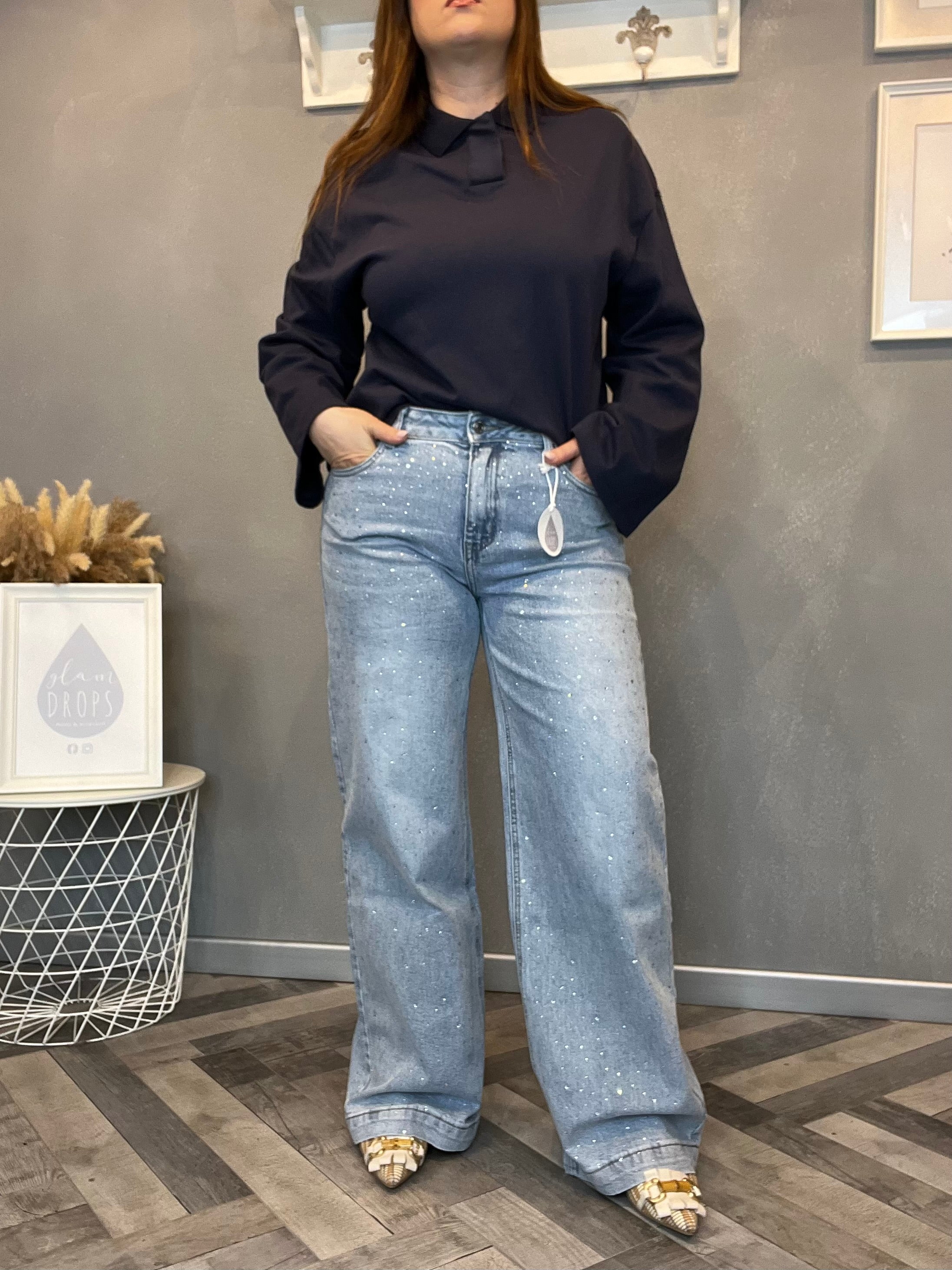 Jeans wide leg con strass