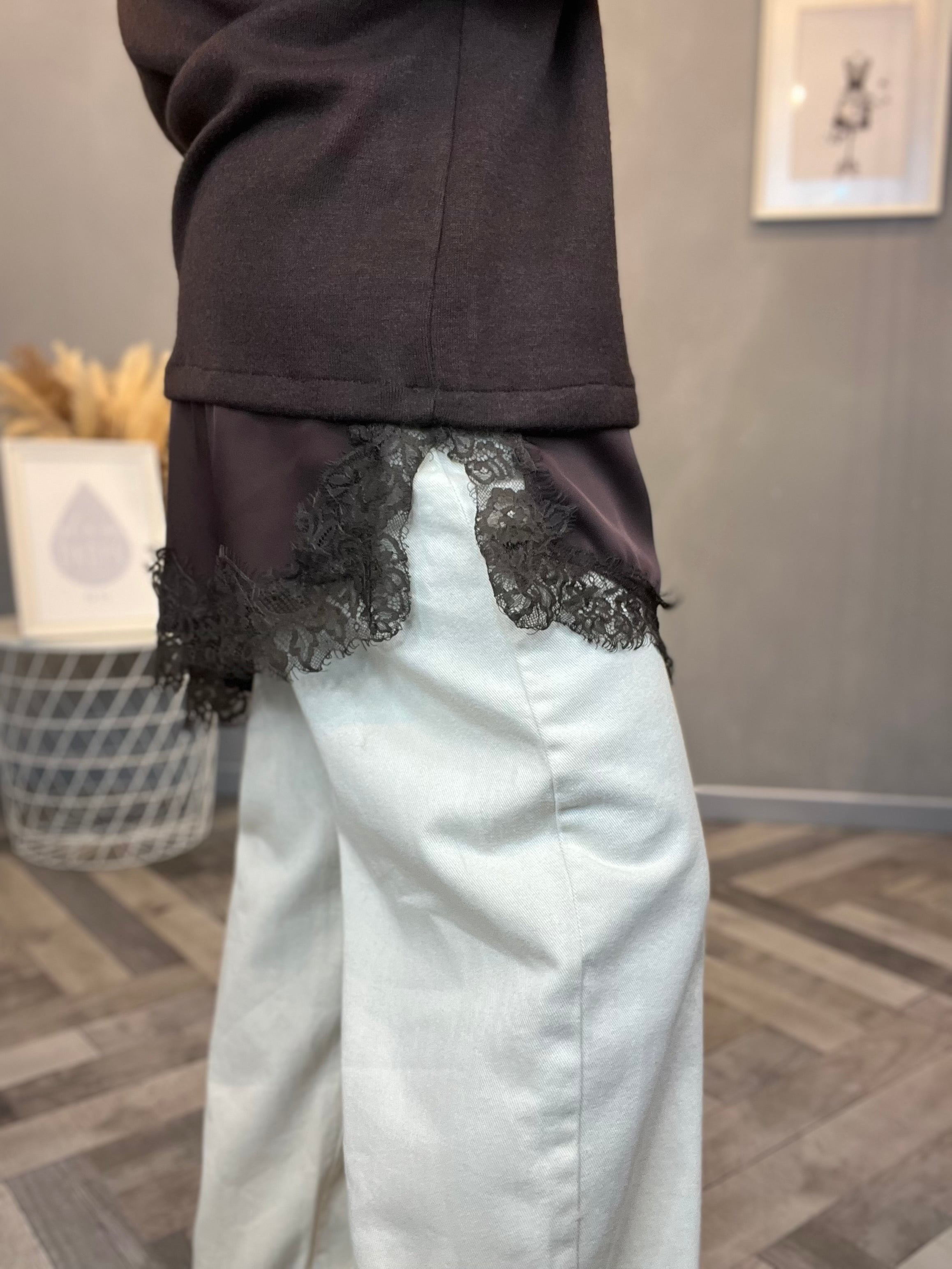 Maxi Maglia con satin e pizzo cioccolato