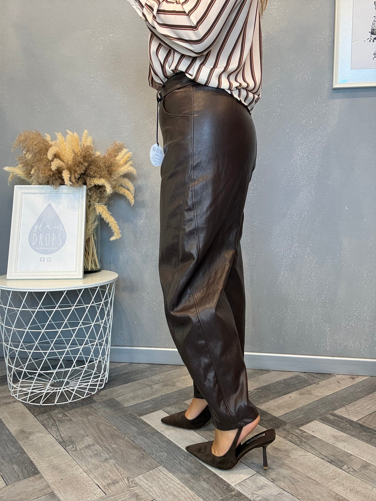 Pantalone ecopelle barrel moro