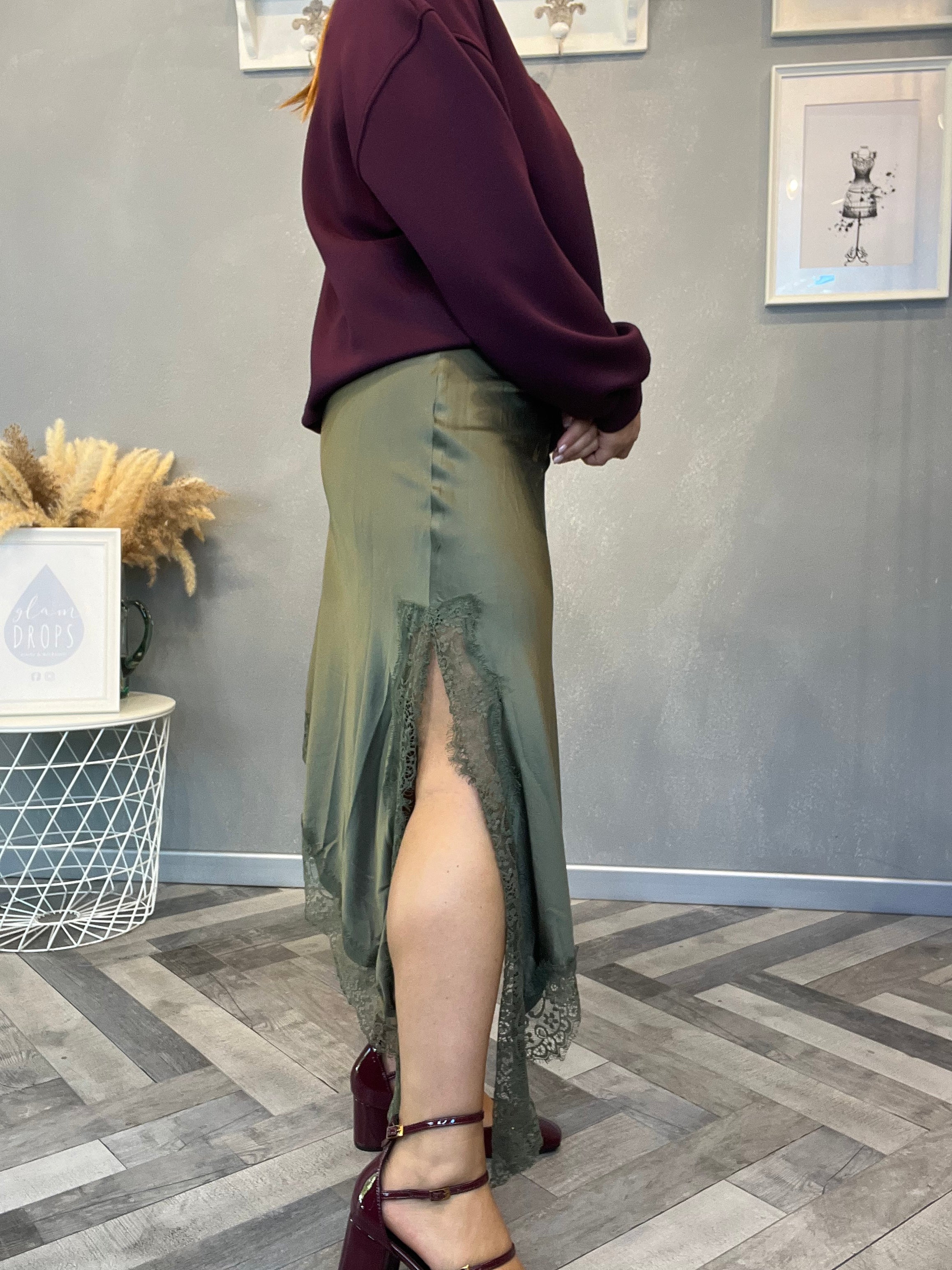 Lumina gonna raso e pizzo verde militare
