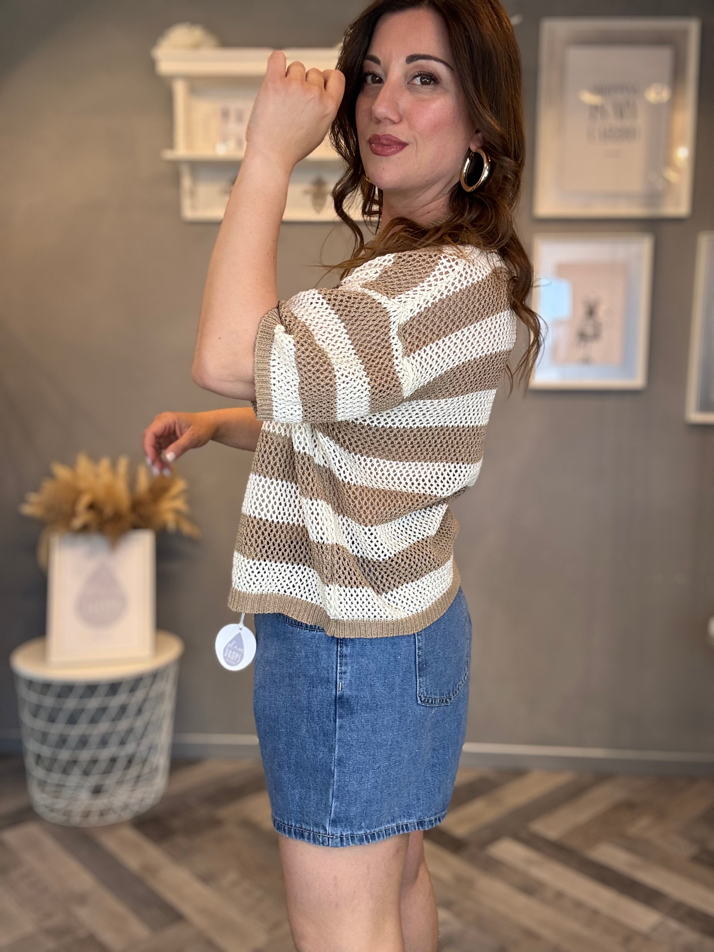 Polo traforata righe beige