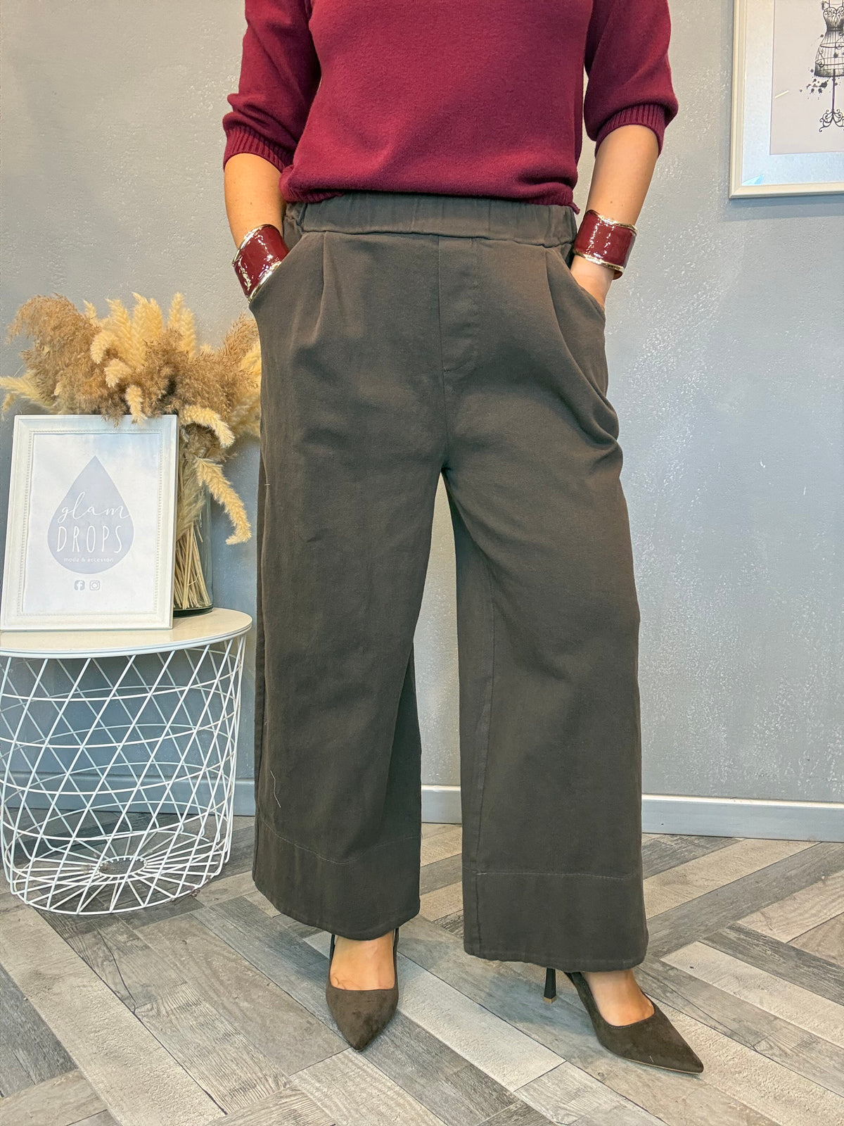 Pantalone wide leg crop cotton moro