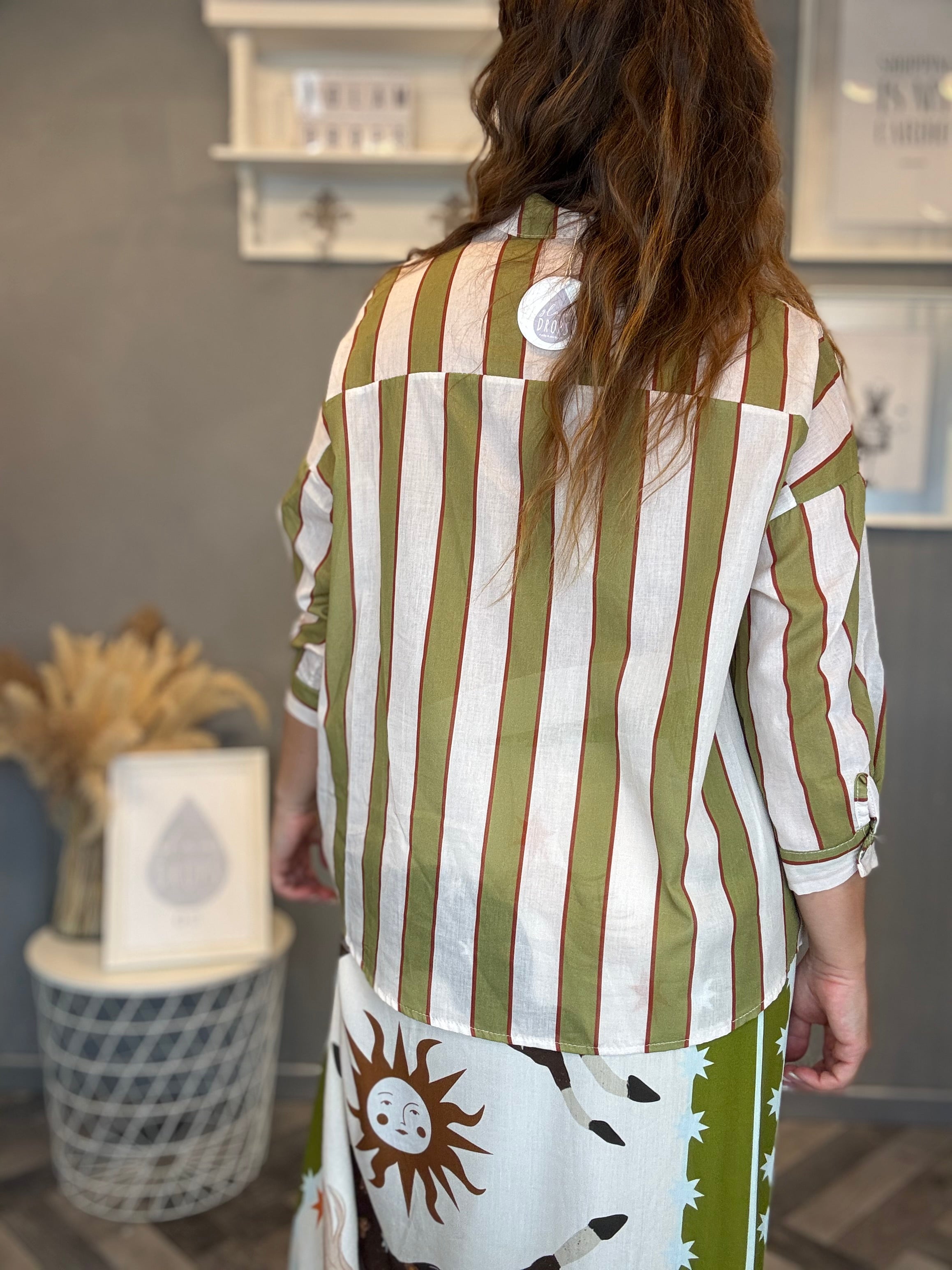 Camicia Isla Bonita righe panna e verde oliva