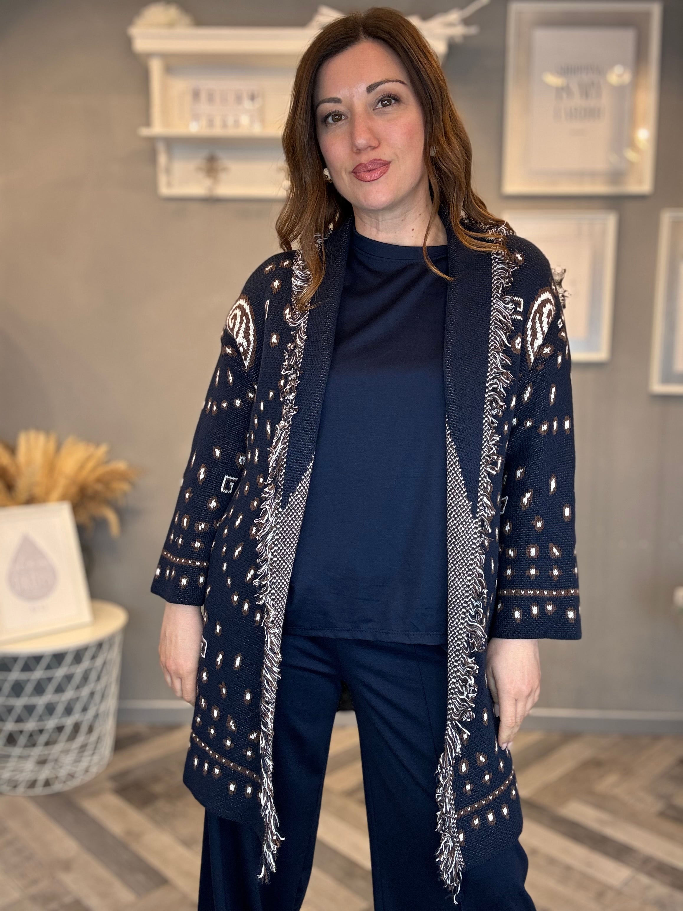 Cardigan jacquard blu con frange