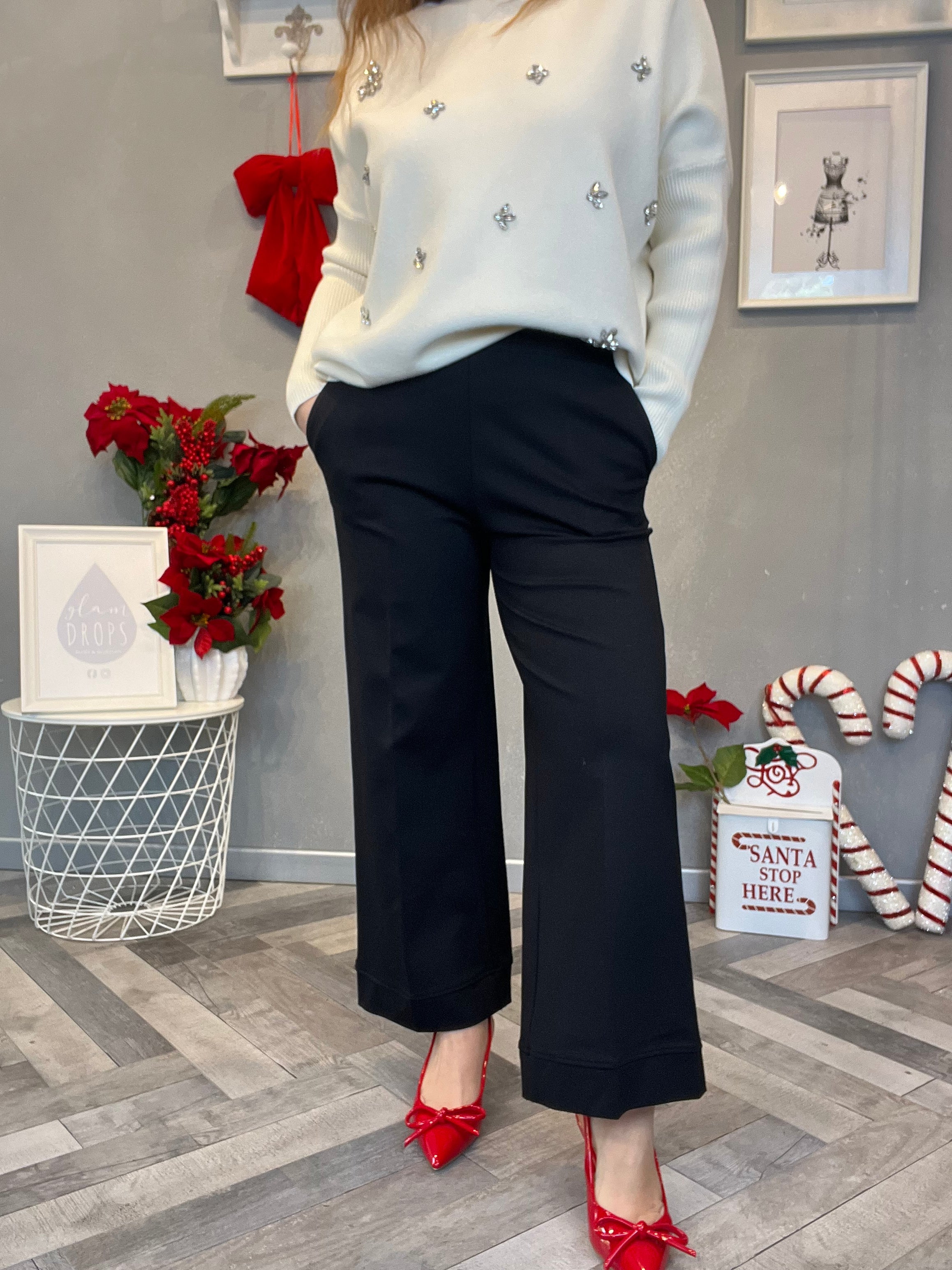 Pantalone wide leg punto Milano nero