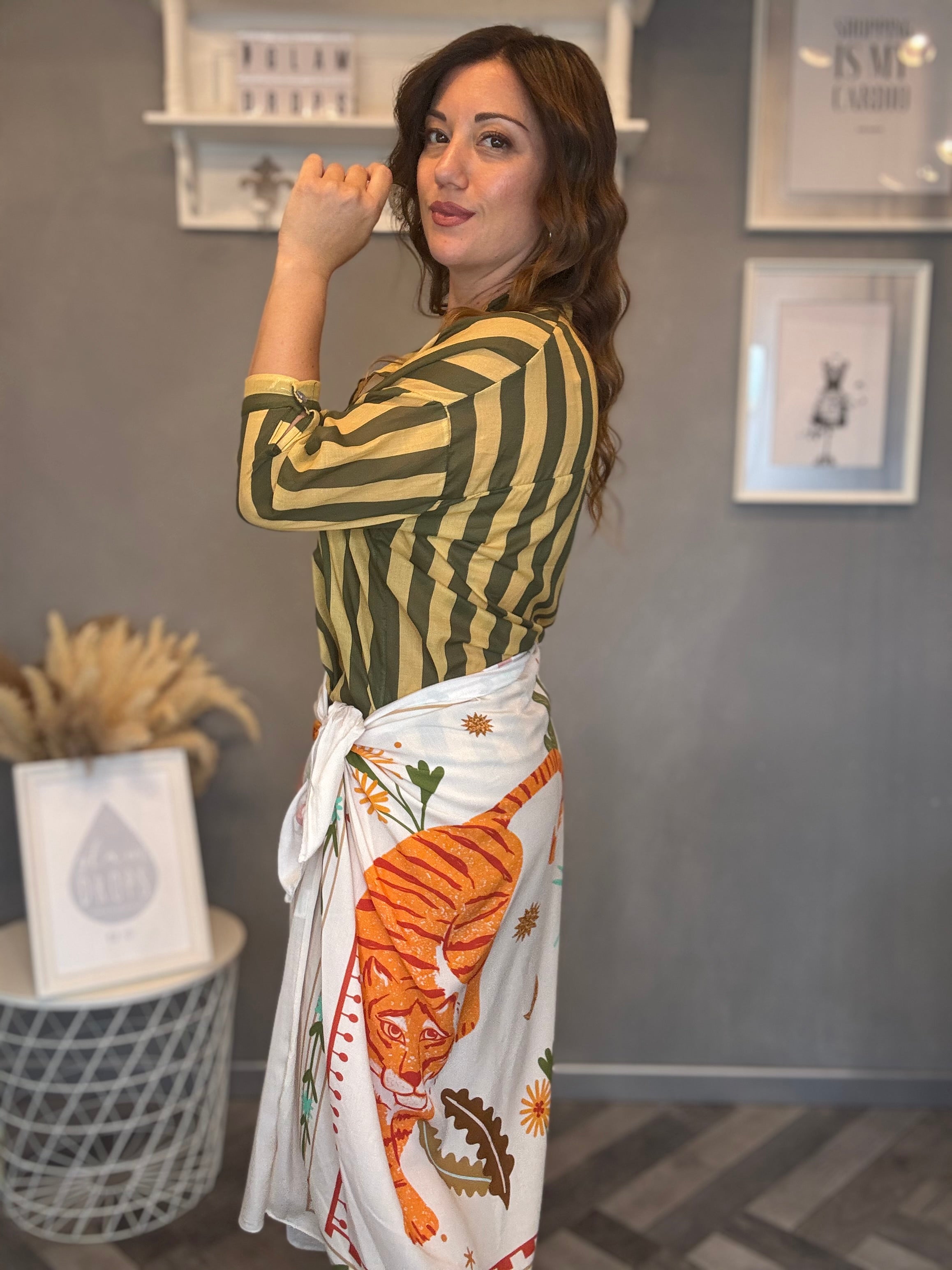 Camicia Isla Bonita righe giallo e verde militare