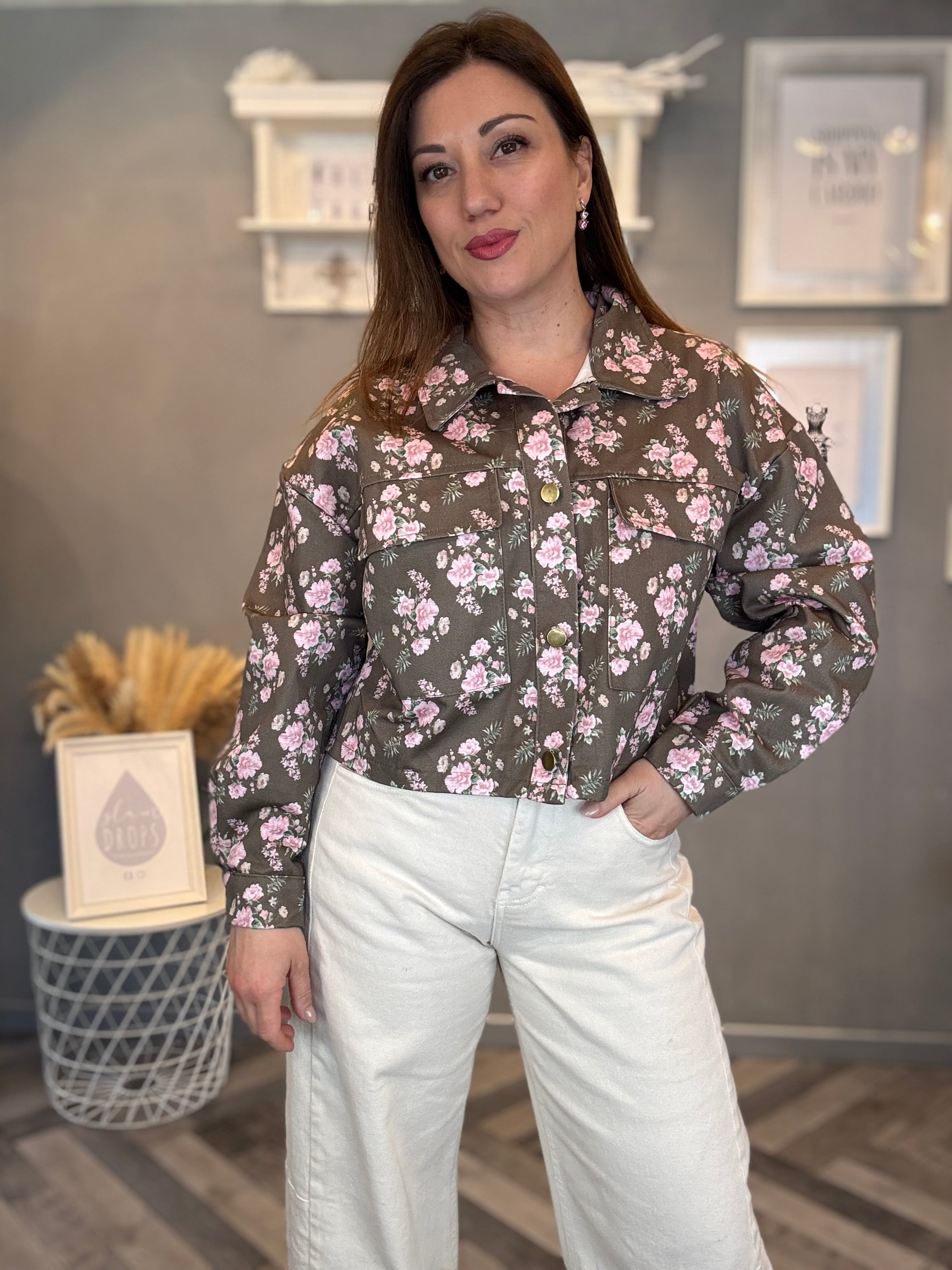 Giubbino pink flower tortora