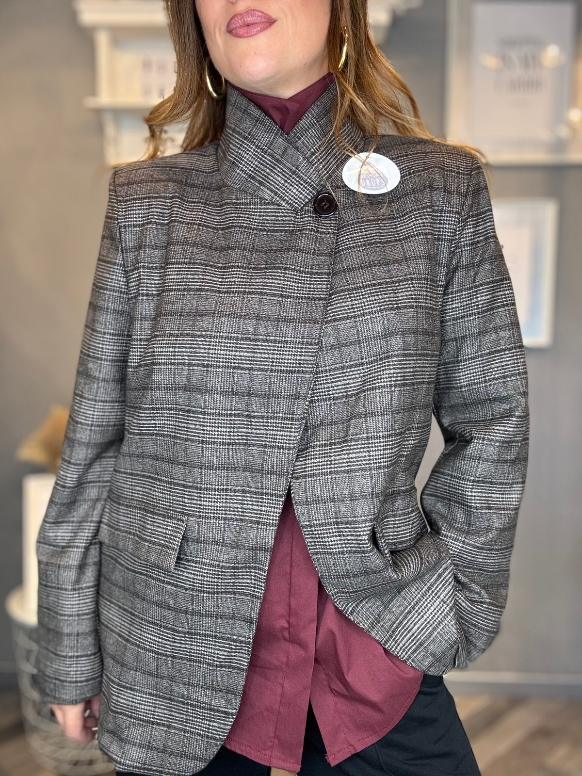 Blazer check grigio collo incrociato