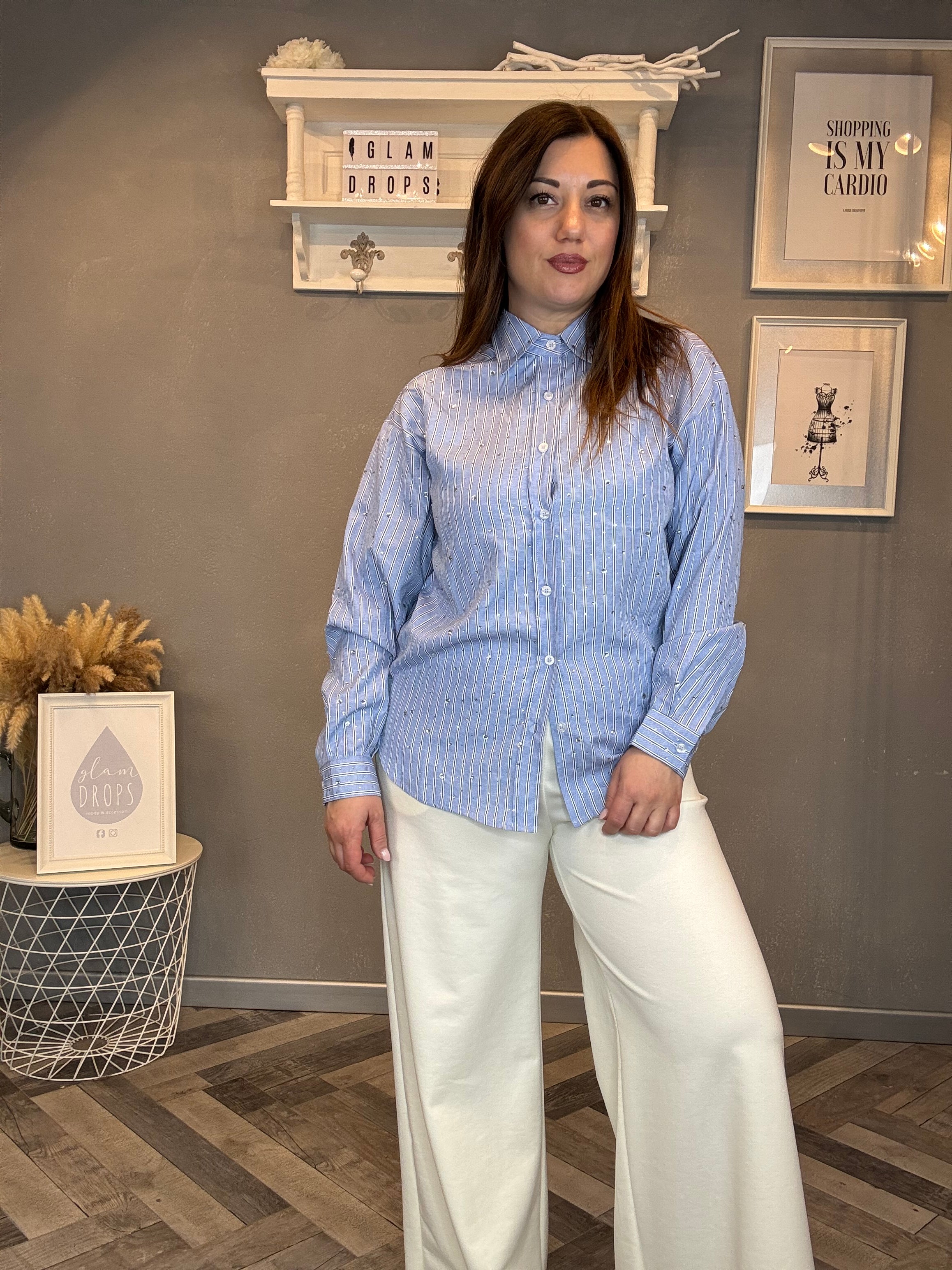 Camicia a righe blu con strass