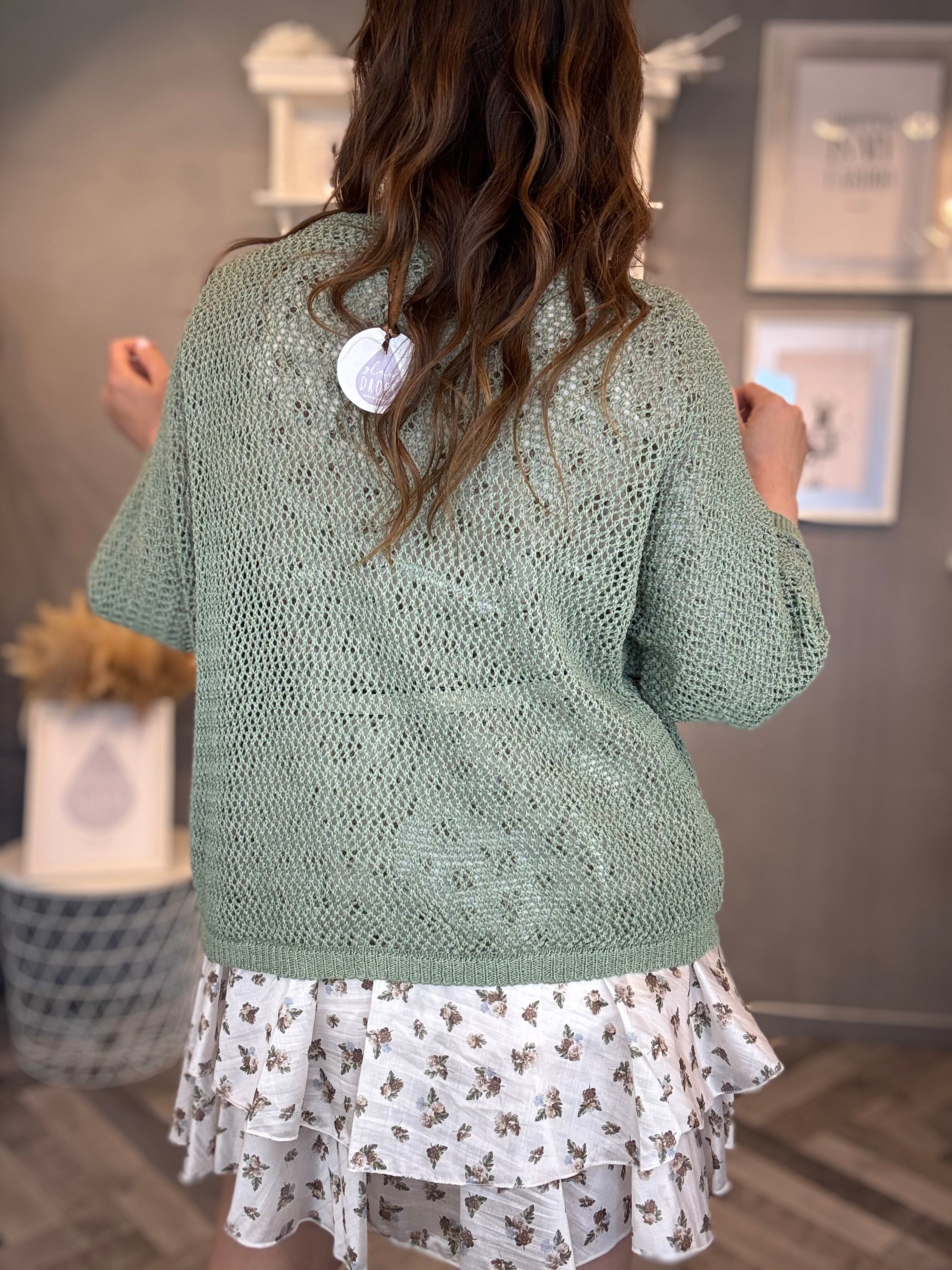 Cardigan traforato in cotone verde salvia