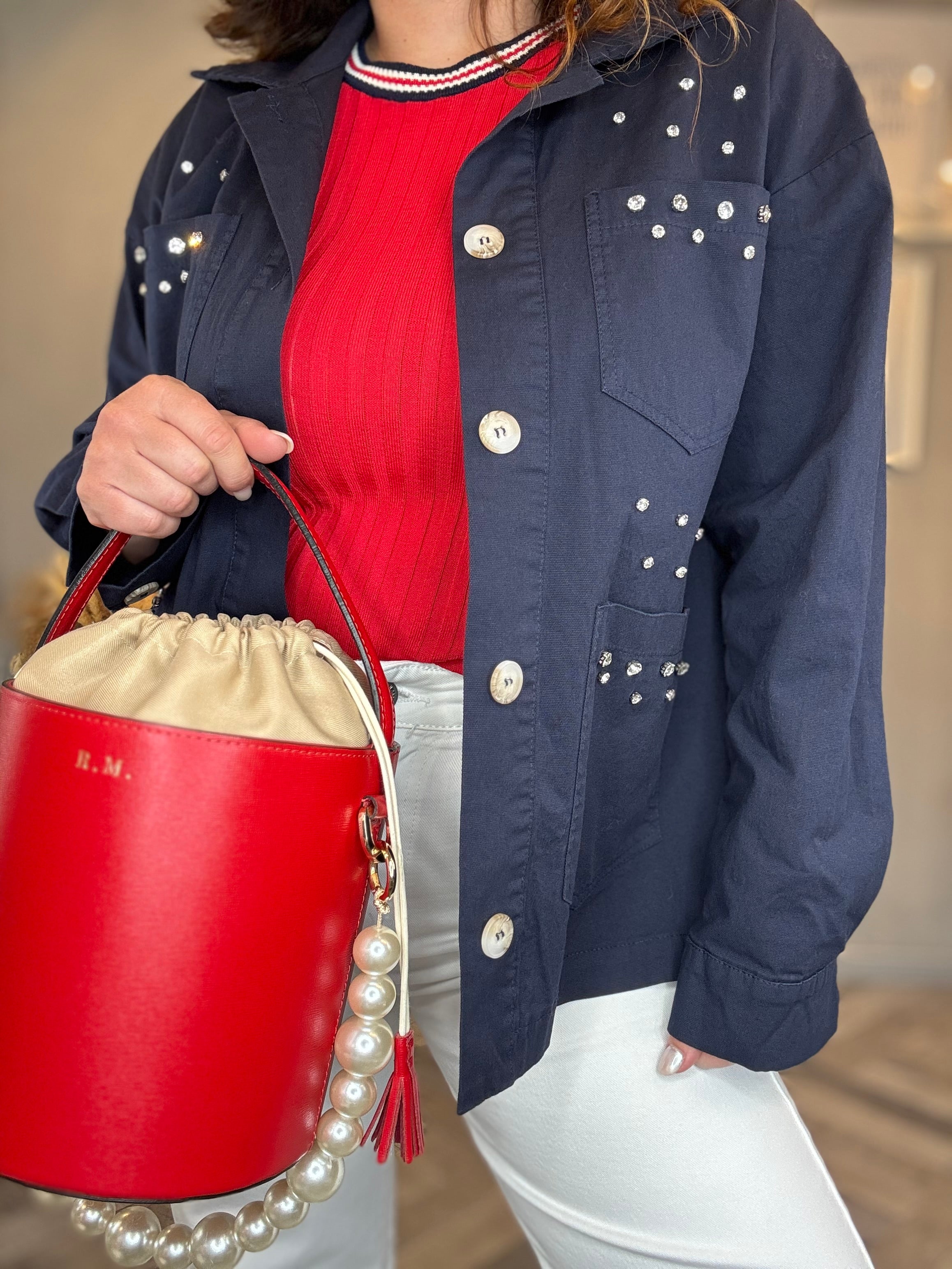 Giacca utility blu con dettagli gioiello
