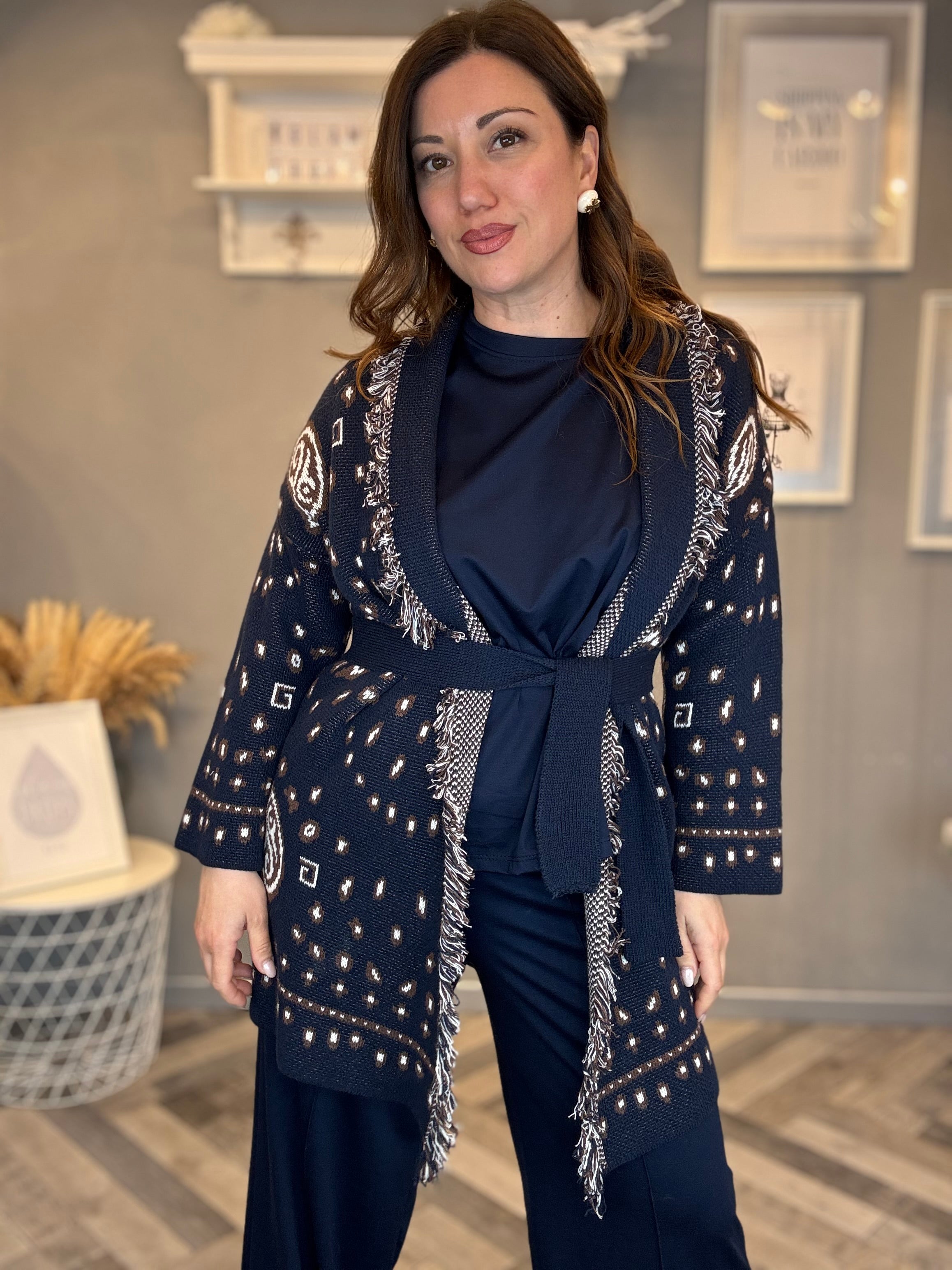 Cardigan jacquard blu con frange