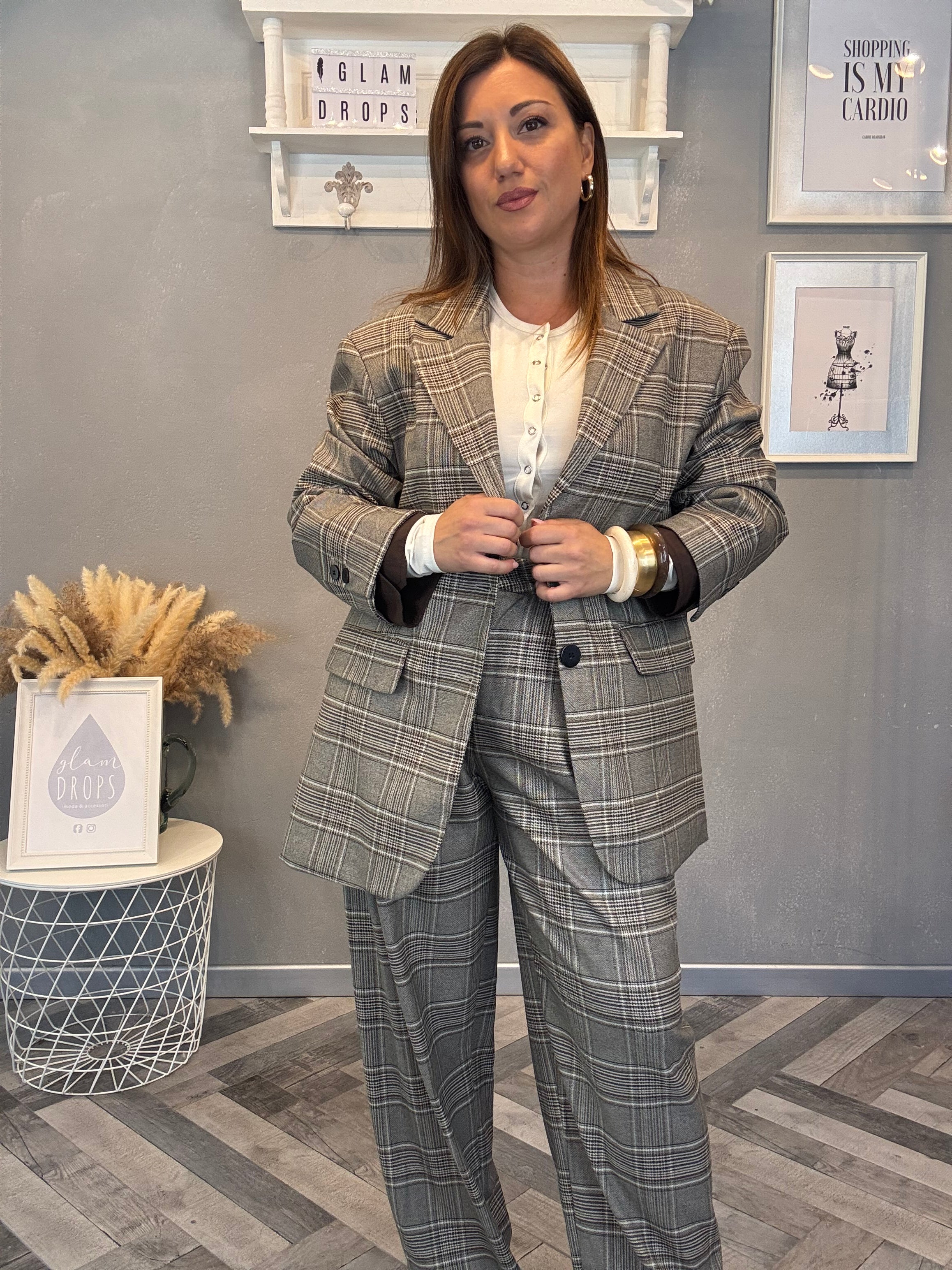 Lumina blazer fango a quadri con polsino camicia