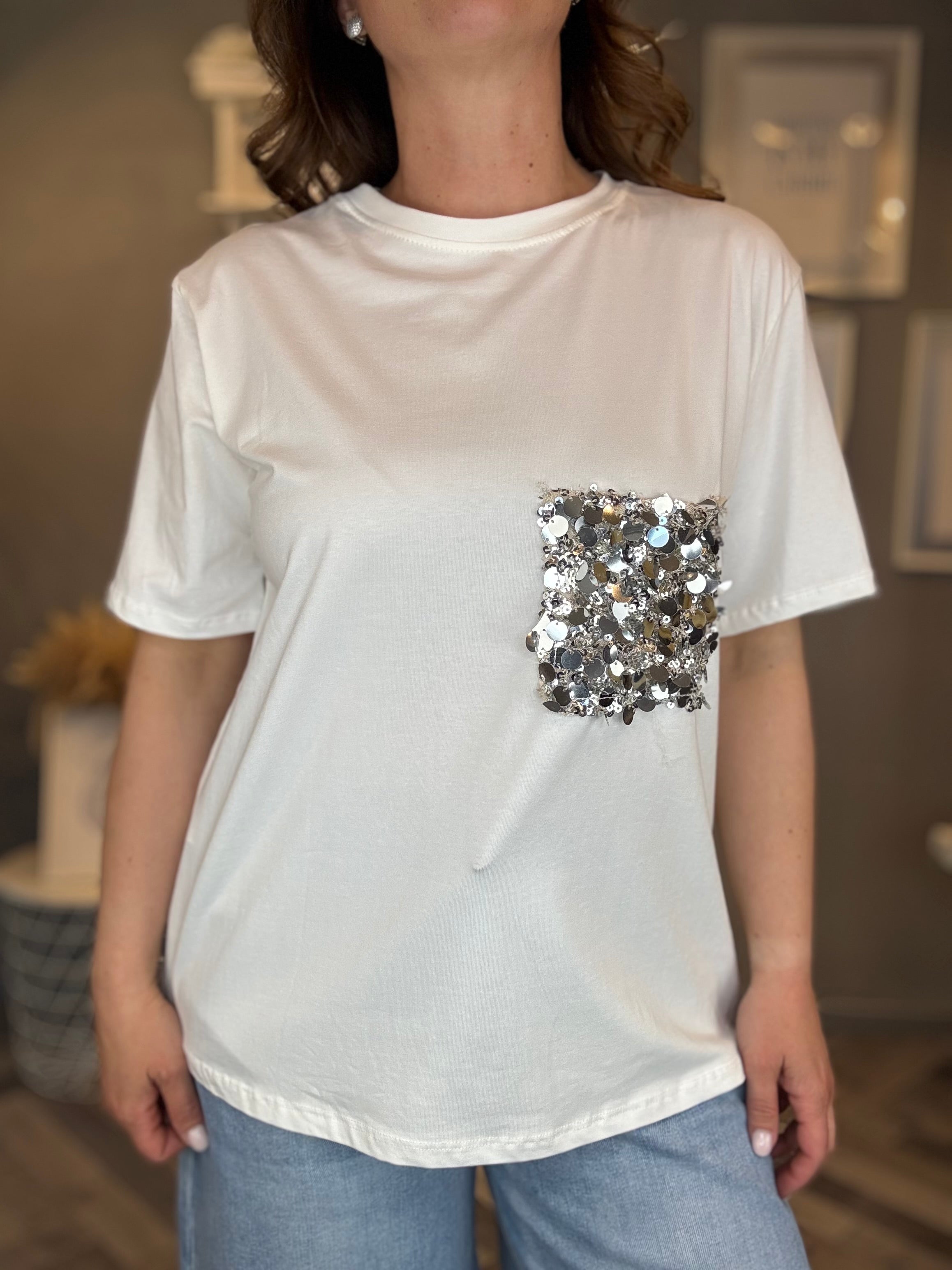 T-shirt tasca paillettes argento