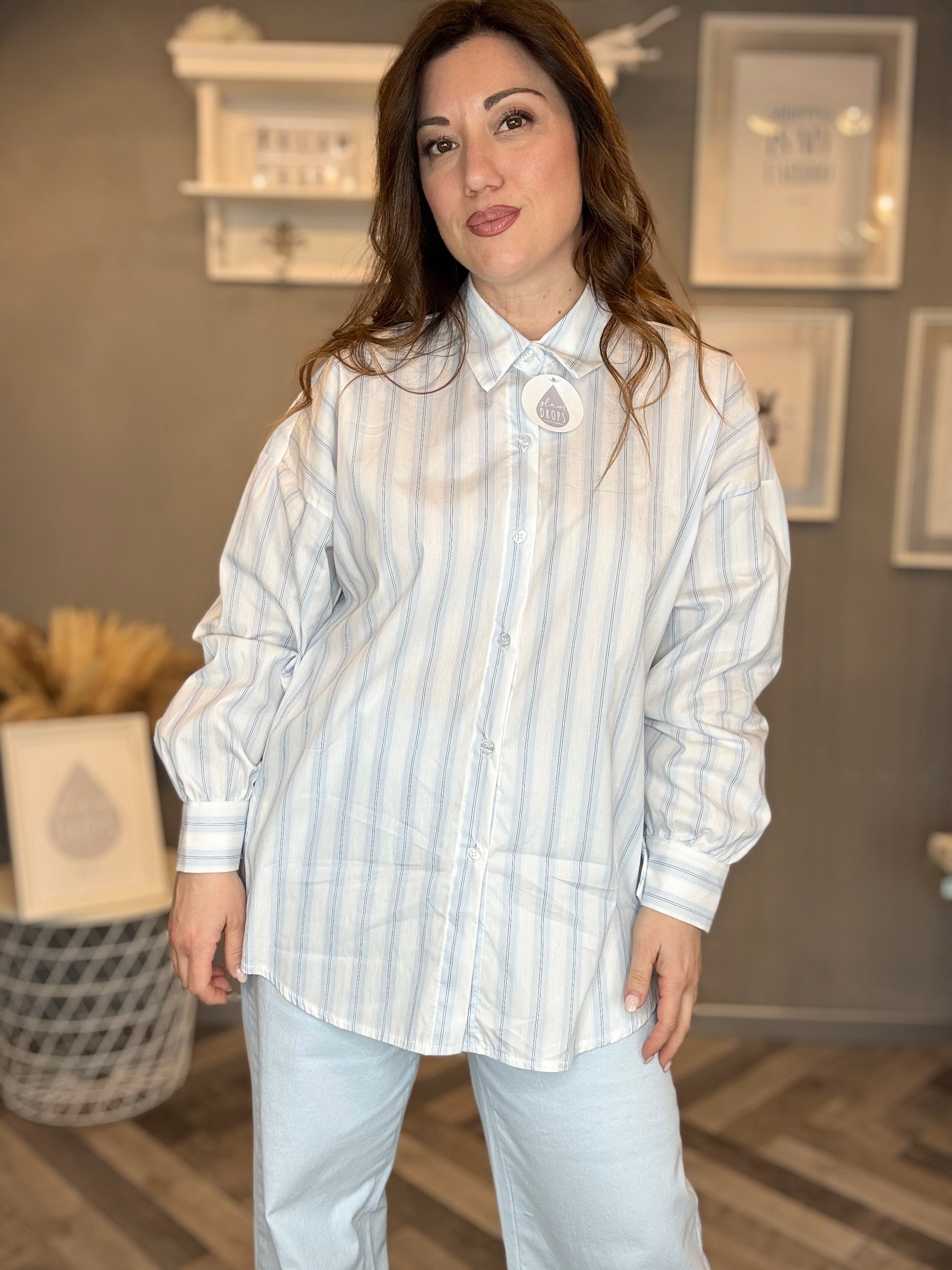 Camicia over righe soft celeste pastello