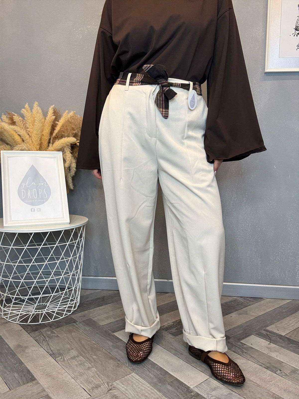Pantalone check detail burro