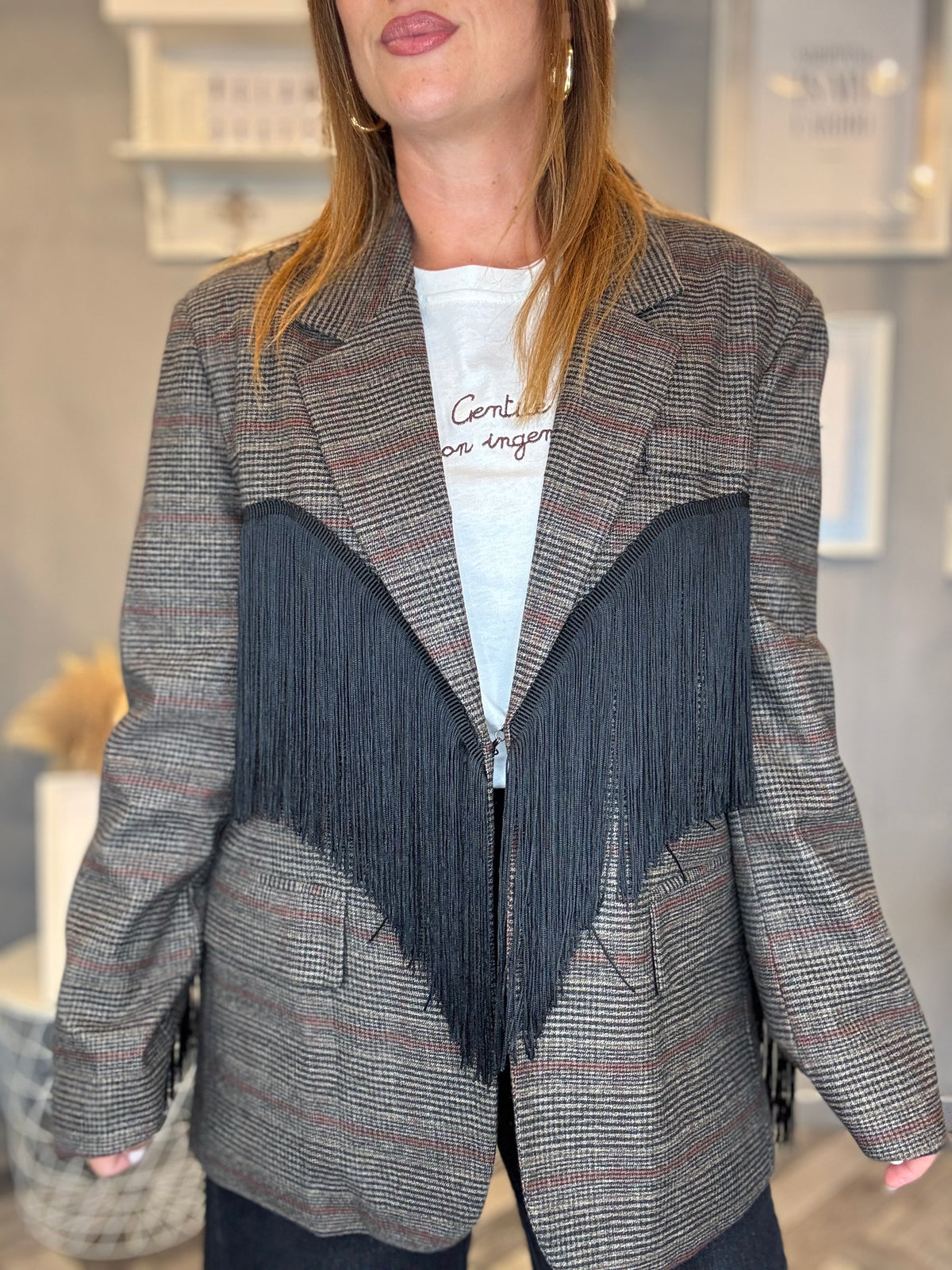 Lumina blazer check Dakota frange nere